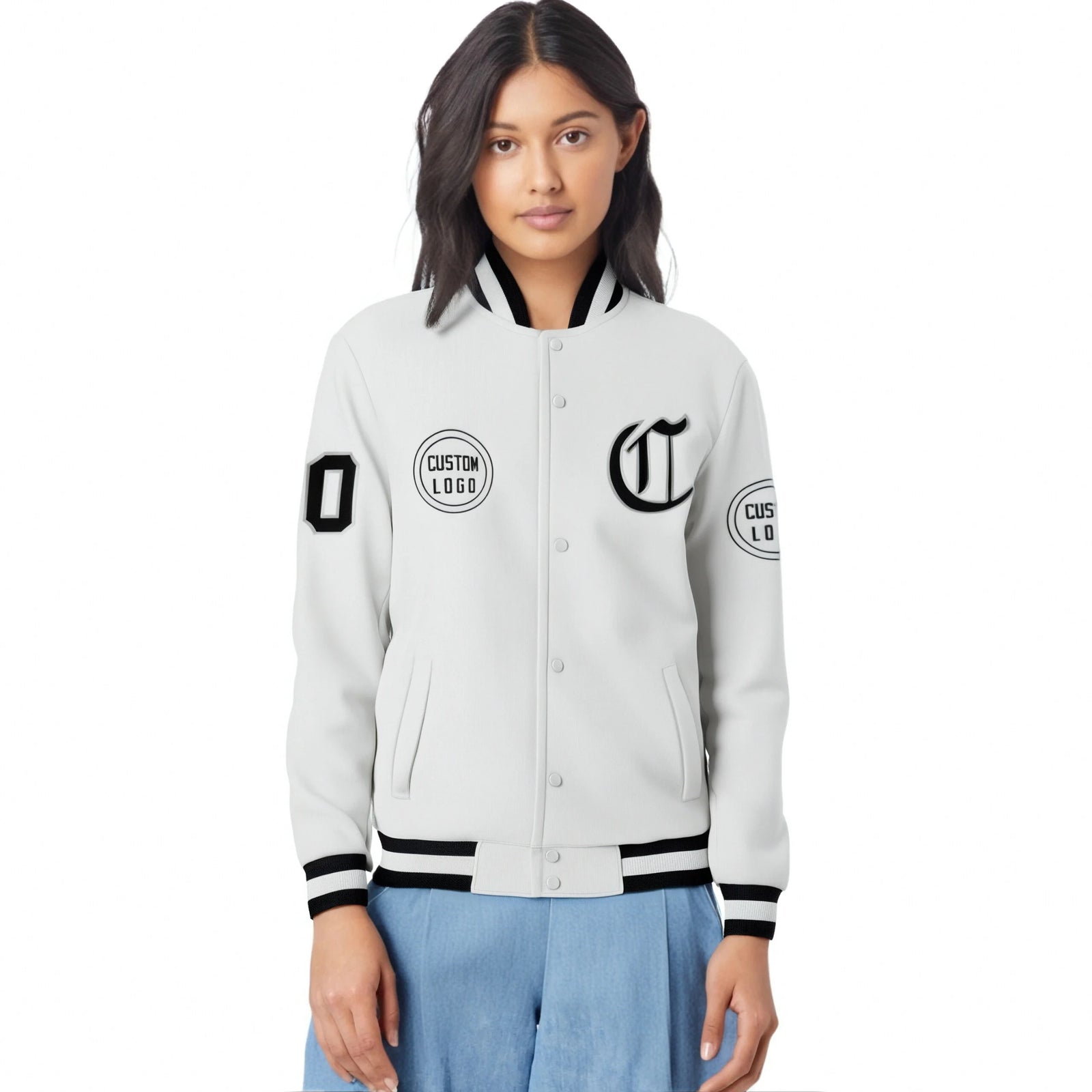 Custom White Black-White Bomber Full-Snap Varsity Letterman Jacket