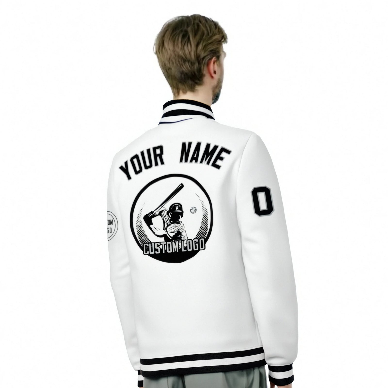Custom White Black-White Bomber Full-Snap Varsity Letterman Jacket