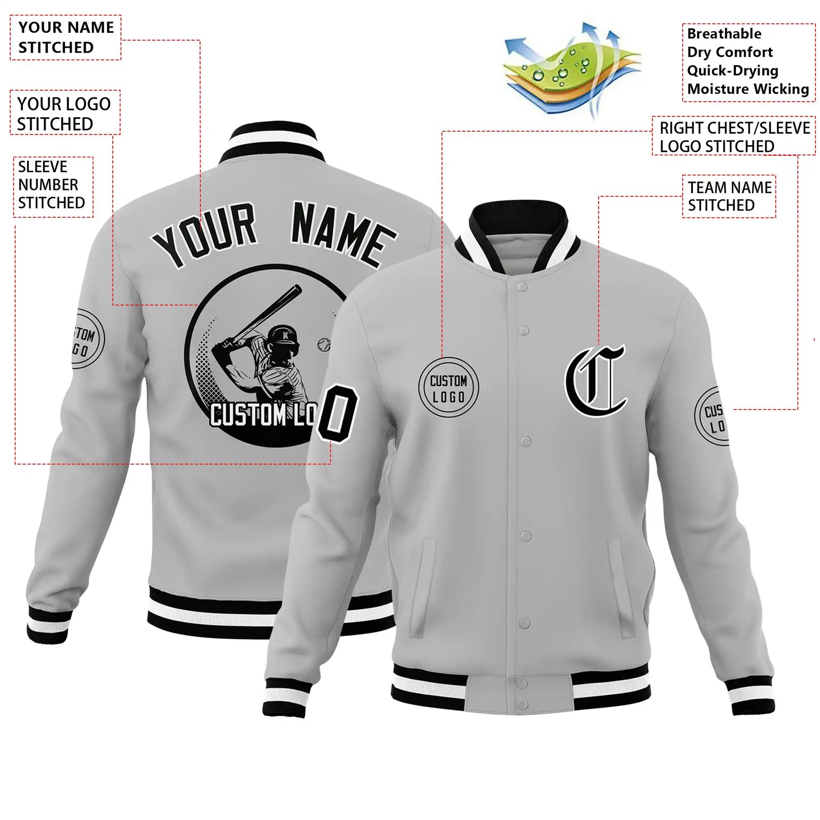 Custom Gray Black-White Bomber Full-Snap Varsity Letterman Jacket