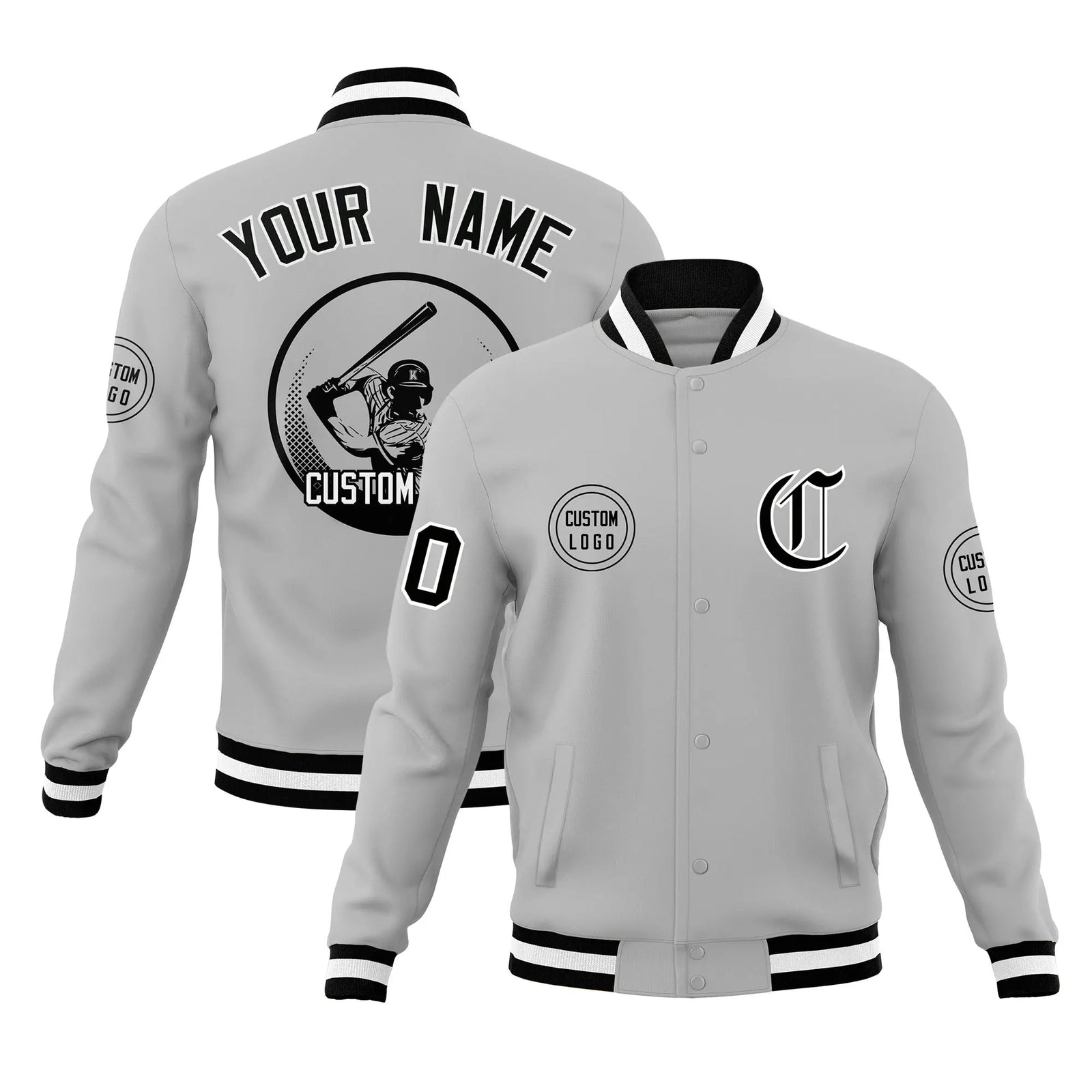 Custom Gray Black-White Bomber Full-Snap Varsity Letterman Jacket