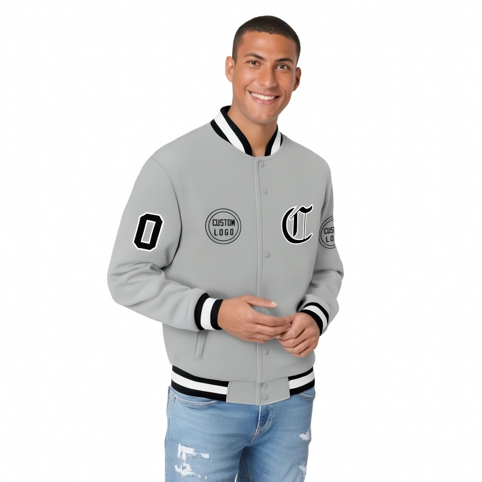 Custom Gray Black-White Bomber Full-Snap Varsity Letterman Jacket