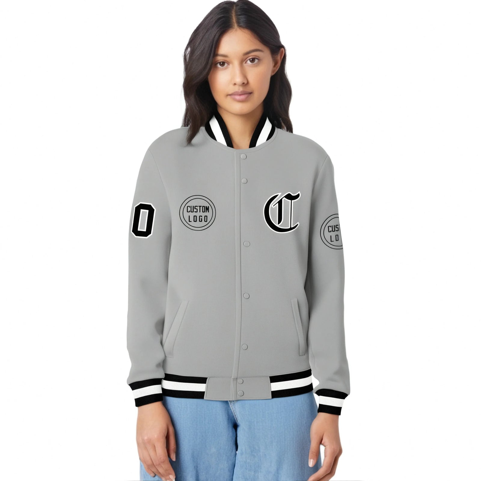 Custom Gray Black-White Bomber Full-Snap Varsity Letterman Jacket