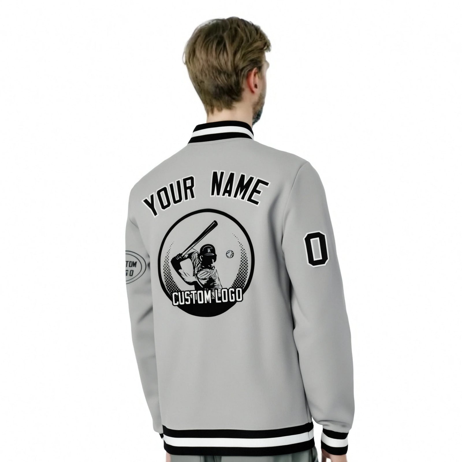 Custom Gray Black-White Bomber Full-Snap Varsity Letterman Jacket