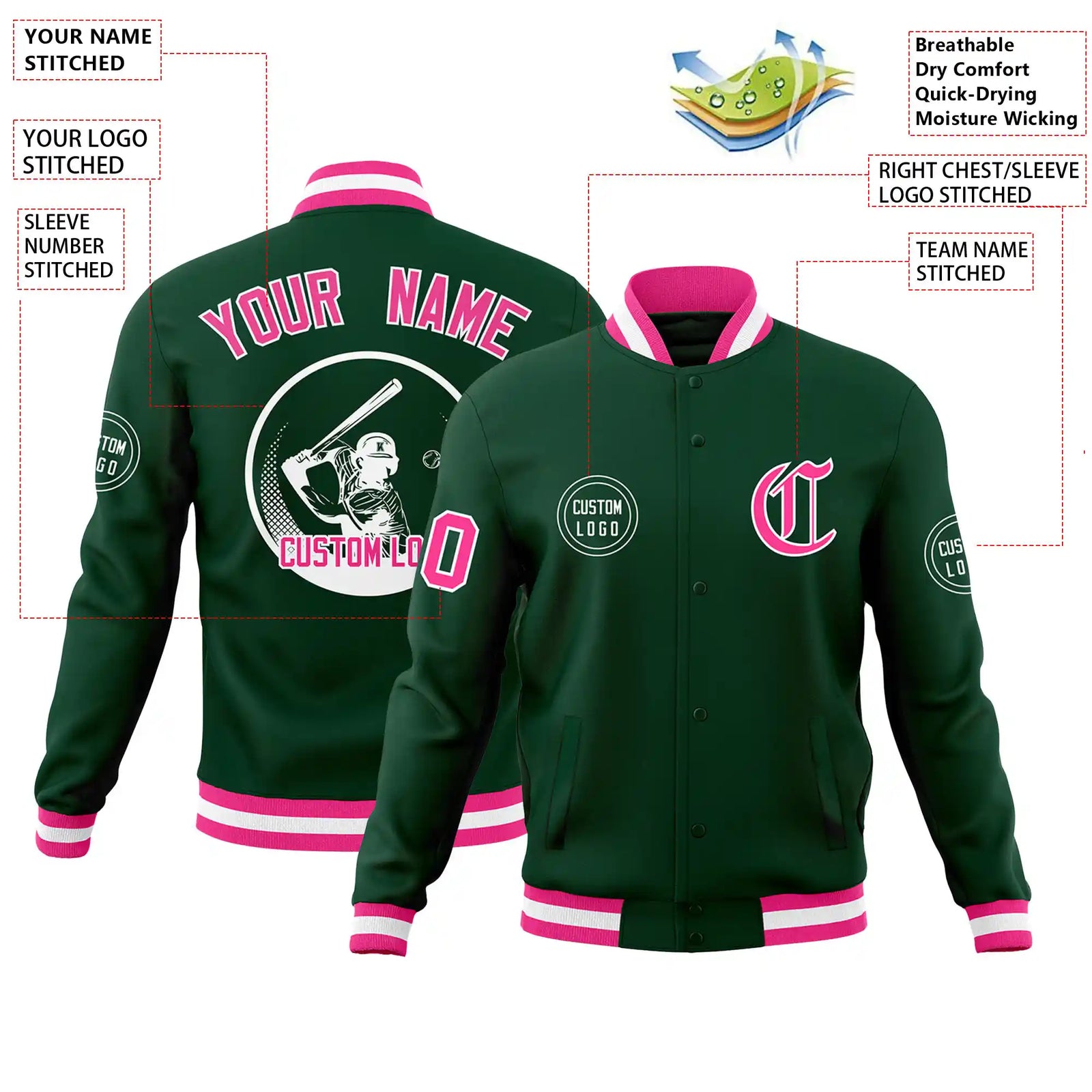 Custom Green Pink-White Bomber Full-Snap Varsity Letterman Jacket