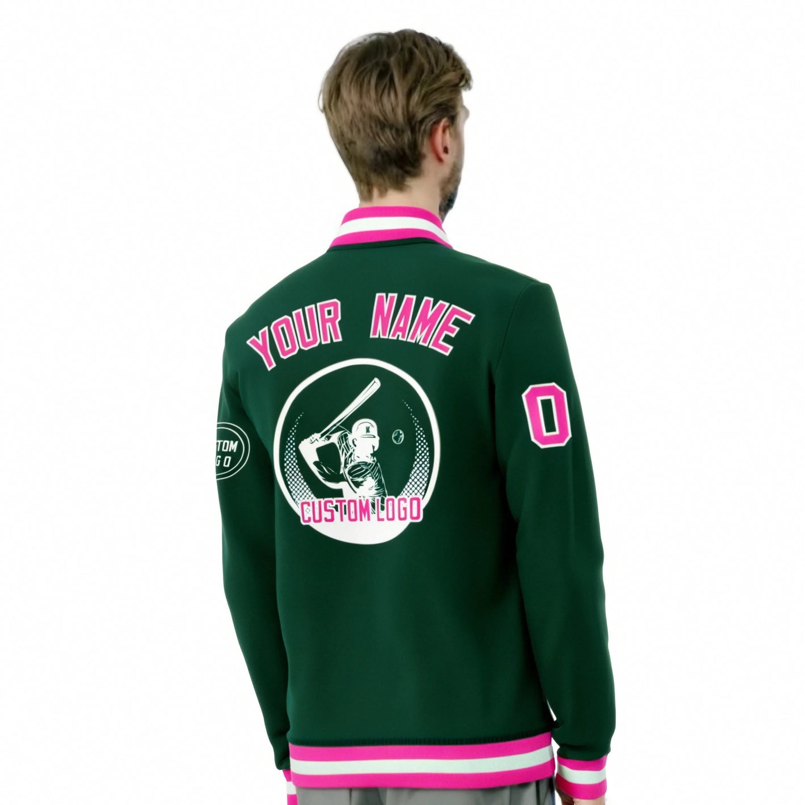 Custom Green Pink-White Bomber Full-Snap Varsity Letterman Jacket