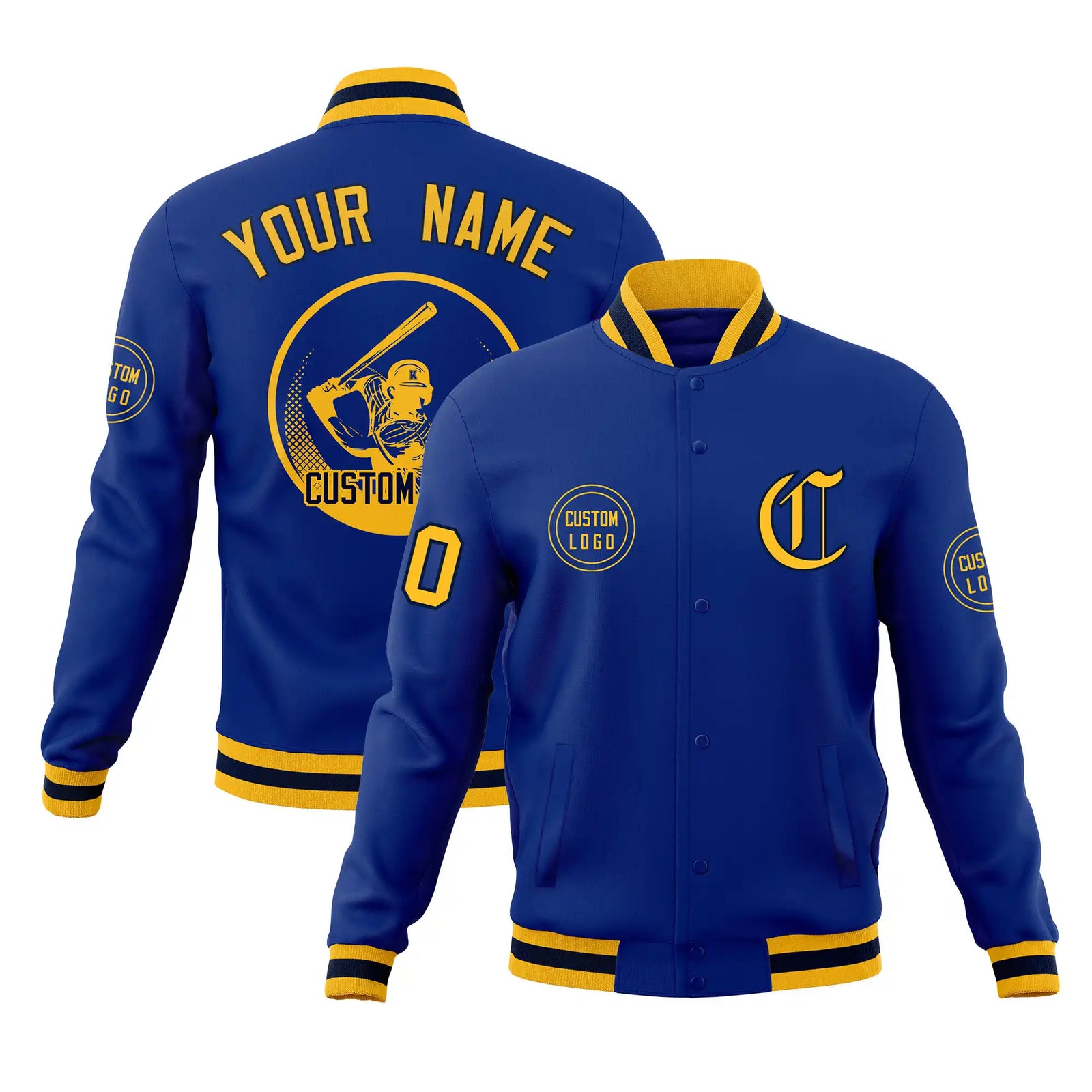 Custom Royal Blue Yellow-Black Bomber Full-Snap Varsity Letterman Jacket