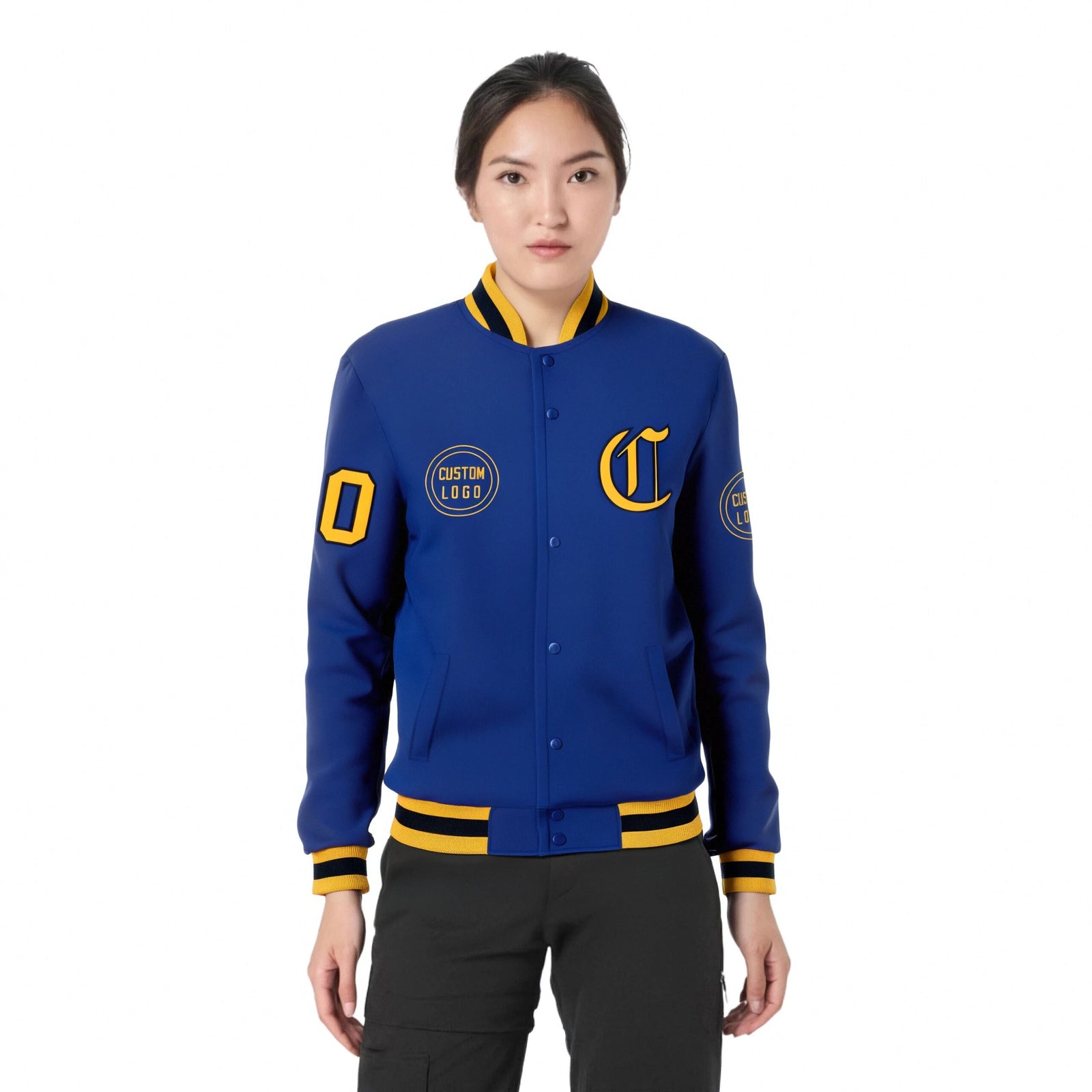 Custom Royal Blue Yellow-Black Bomber Full-Snap Varsity Letterman Jacket