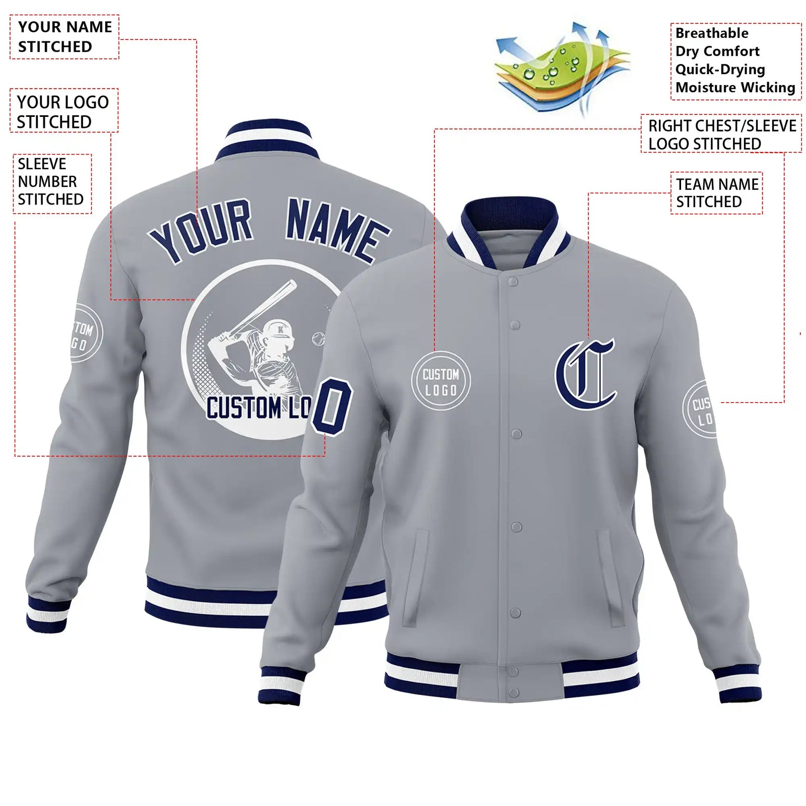 Custom Gray Navy-White Bomber Full-Snap Varsity Letterman Jacket