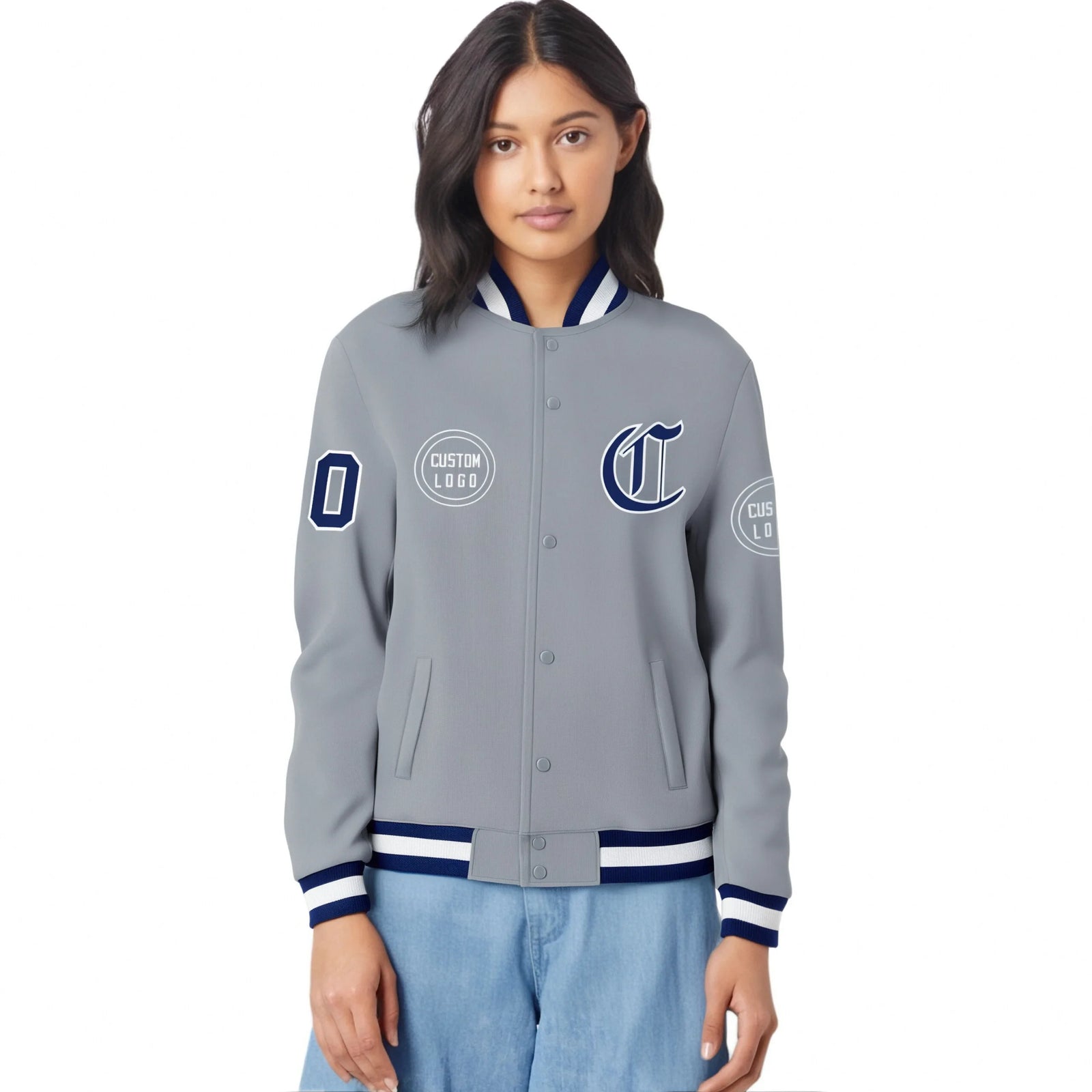 Custom Gray Navy-White Bomber Full-Snap Varsity Letterman Jacket