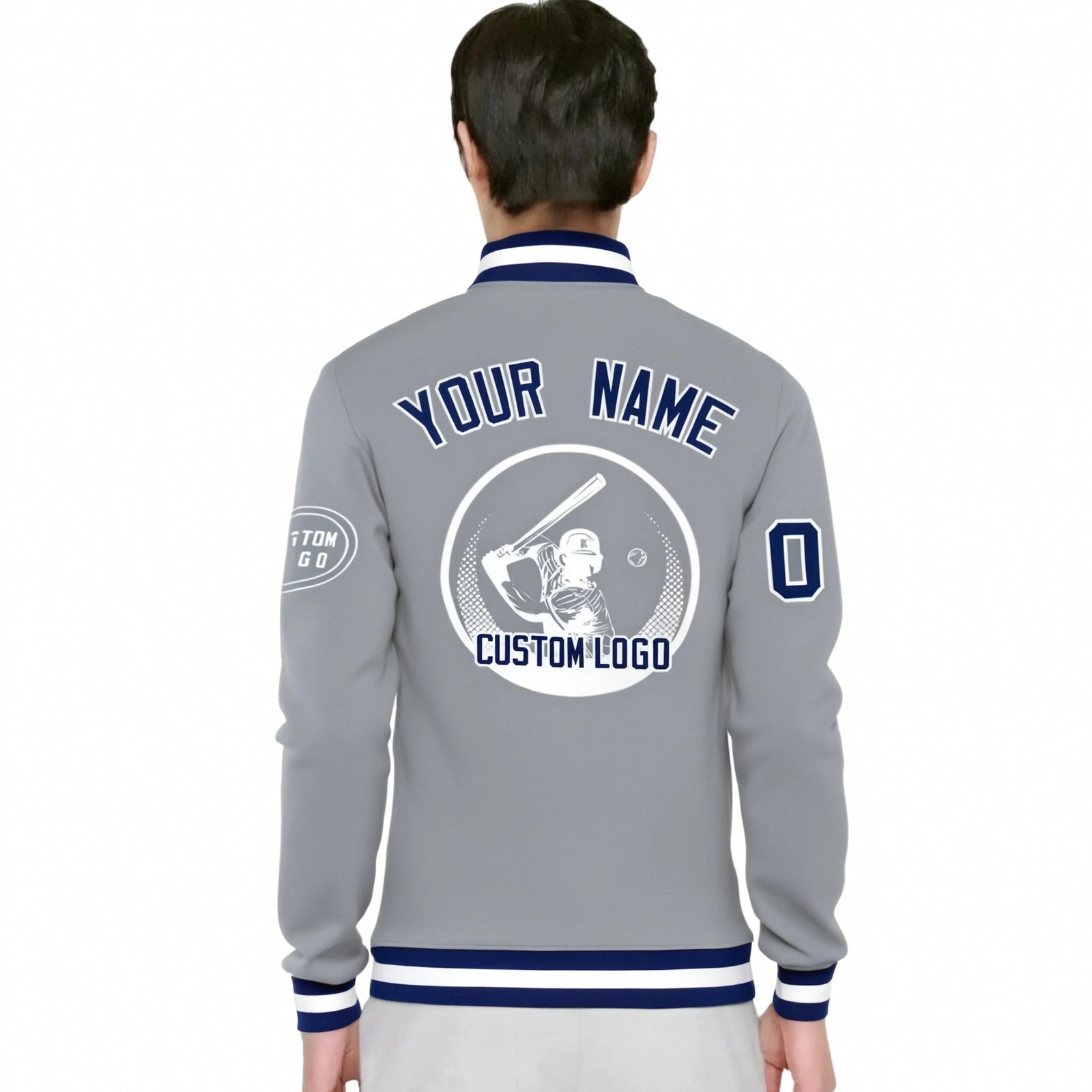 Custom Gray Navy-White Bomber Full-Snap Varsity Letterman Jacket