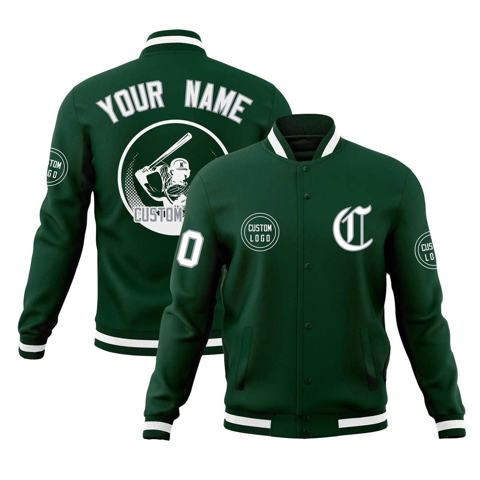 Custom Green Black-White Bomber Full-Snap Varsity Letterman Jacket