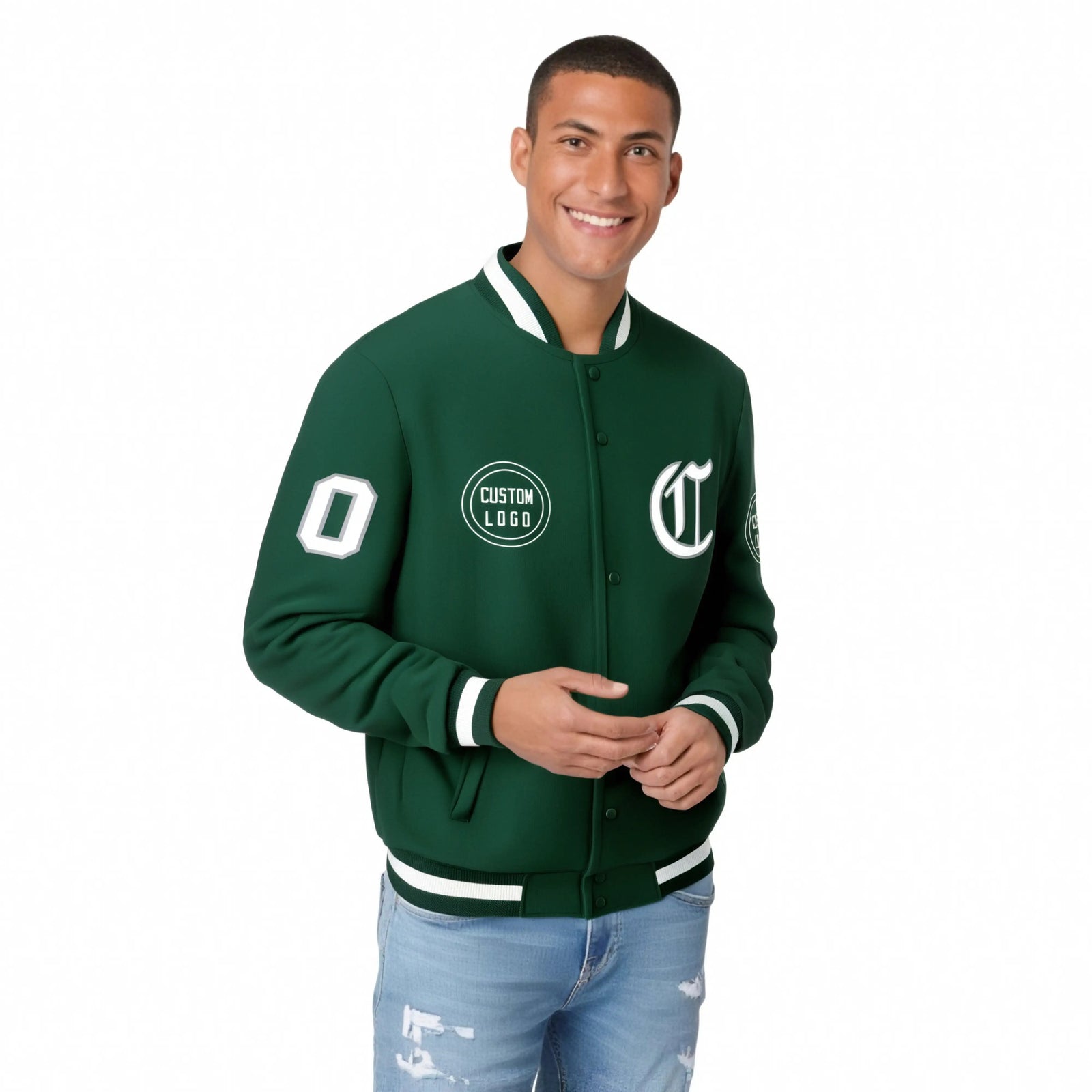 Custom Green Black-White Bomber Full-Snap Varsity Letterman Jacket