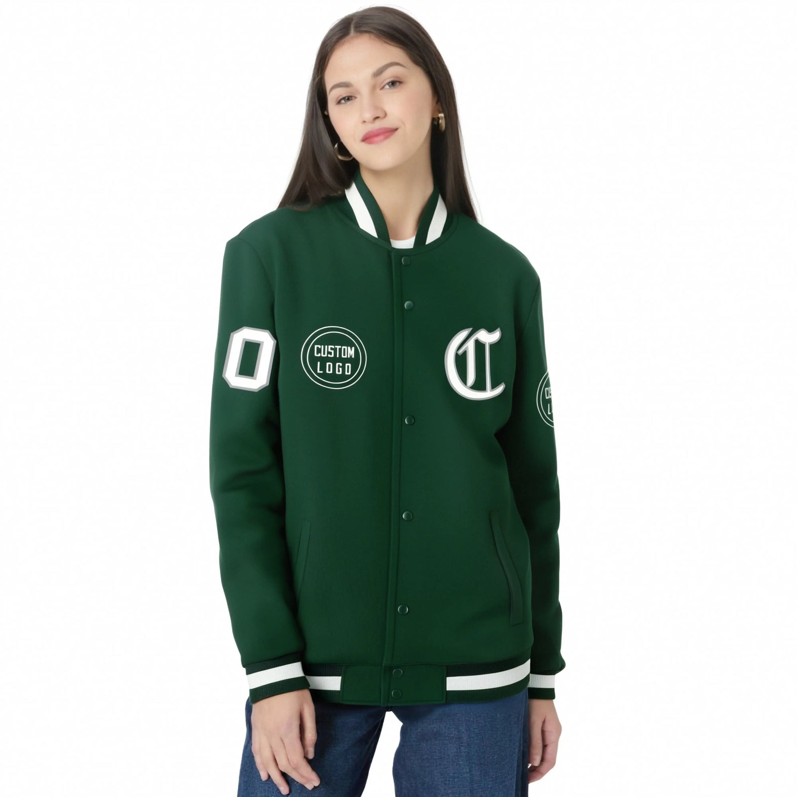 Custom Green Black-White Bomber Full-Snap Varsity Letterman Jacket