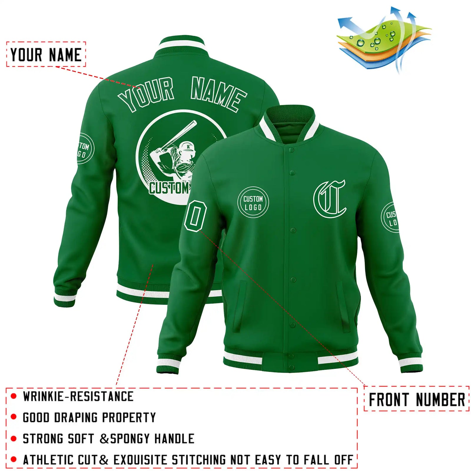Custom Kelly Green Kelly Green-White Bomber Full-Snap Varsity Letterman Jacket