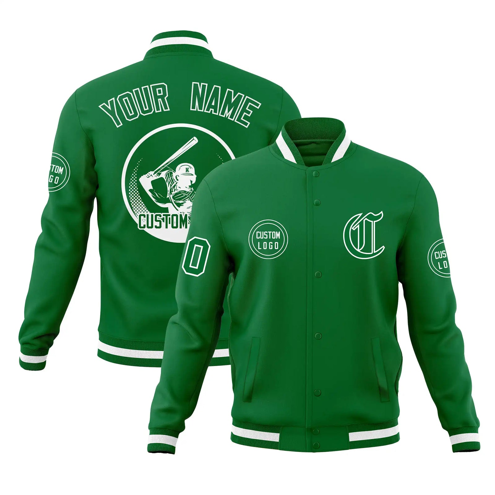 Custom Kelly Green Kelly Green-White Bomber Full-Snap Varsity Letterman Jacket