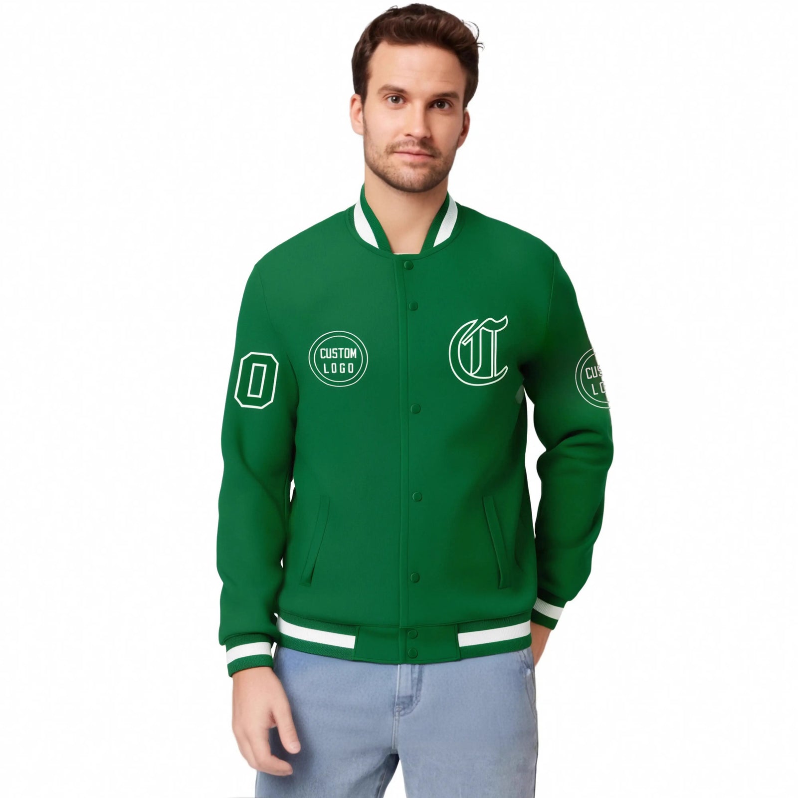 Custom Kelly Green Kelly Green-White Bomber Full-Snap Varsity Letterman Jacket