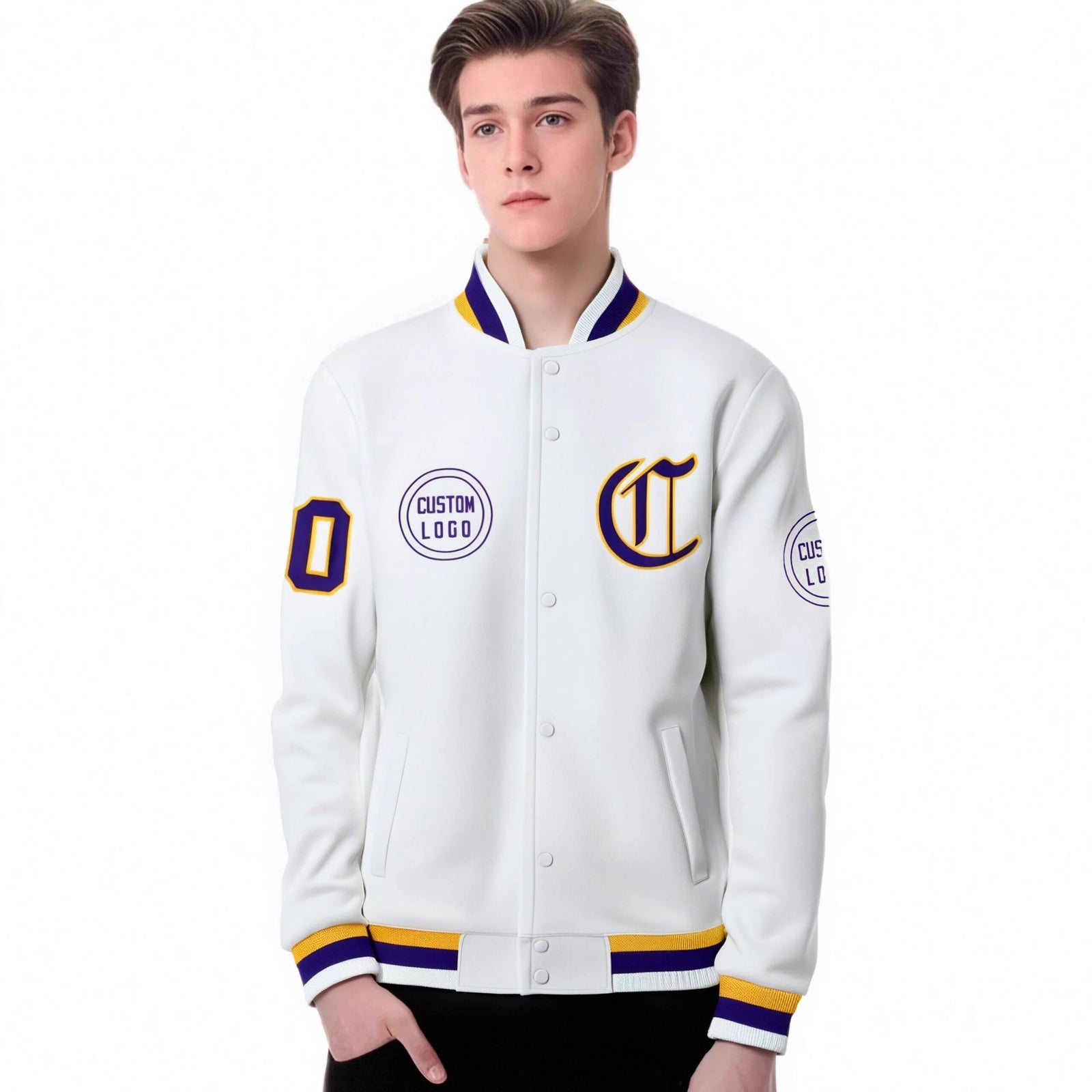 Custom White Purple-White Bomber Full-Snap Varsity Letterman Jacket