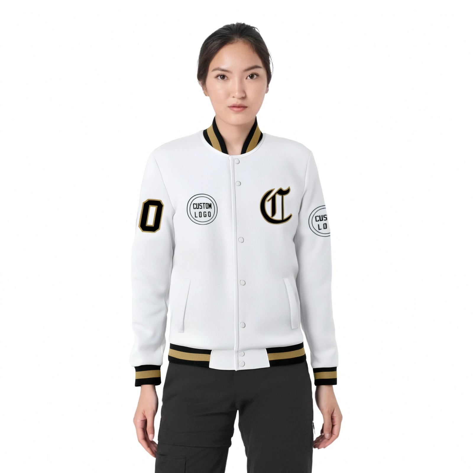 Custom White Black-White Bomber Full-Snap Varsity Letterman Jacket