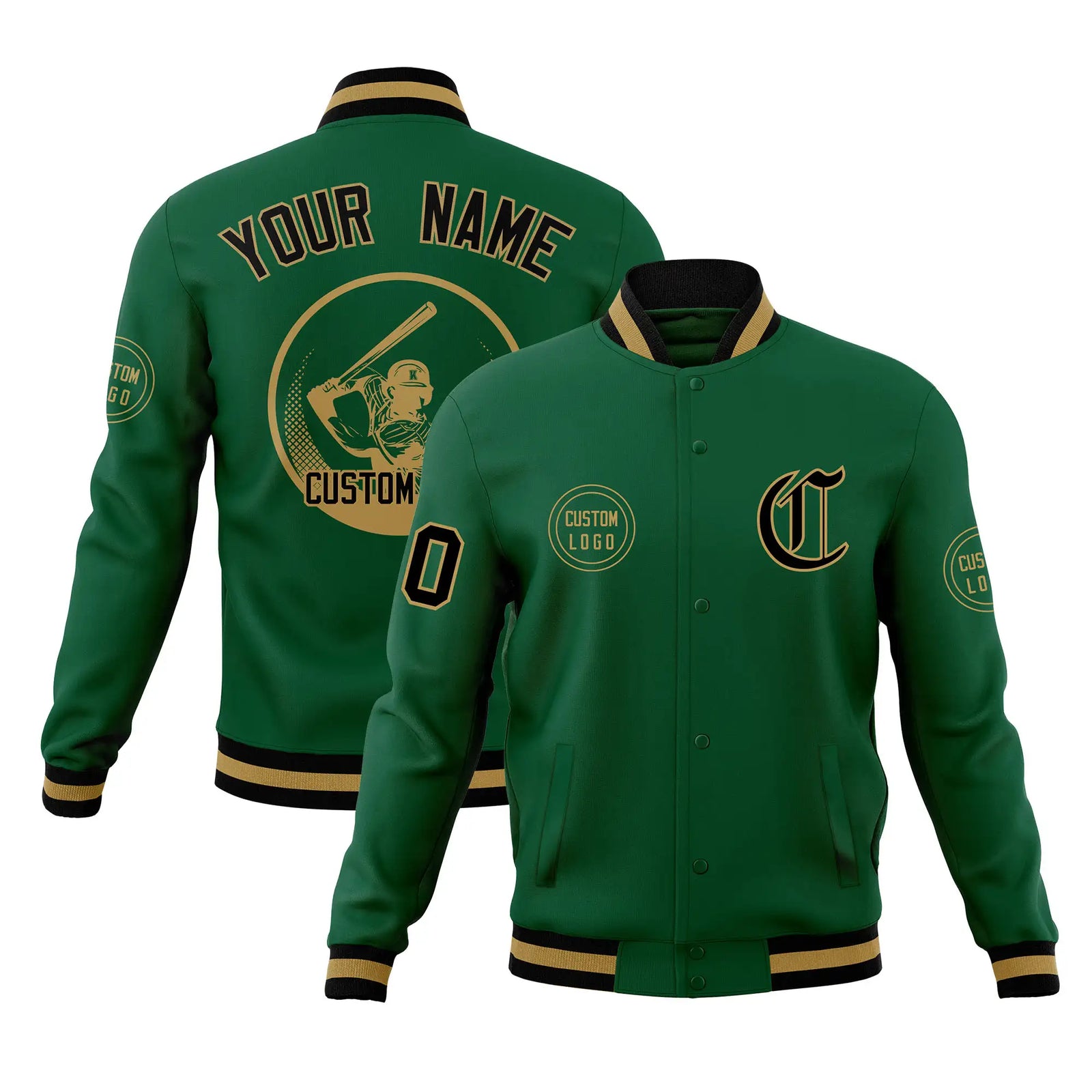 Custom Green Black-White Bomber Full-Snap Varsity Letterman Jacket