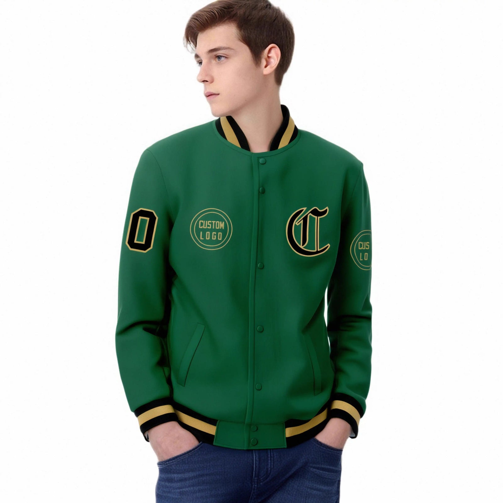 Custom Green Black-White Bomber Full-Snap Varsity Letterman Jacket