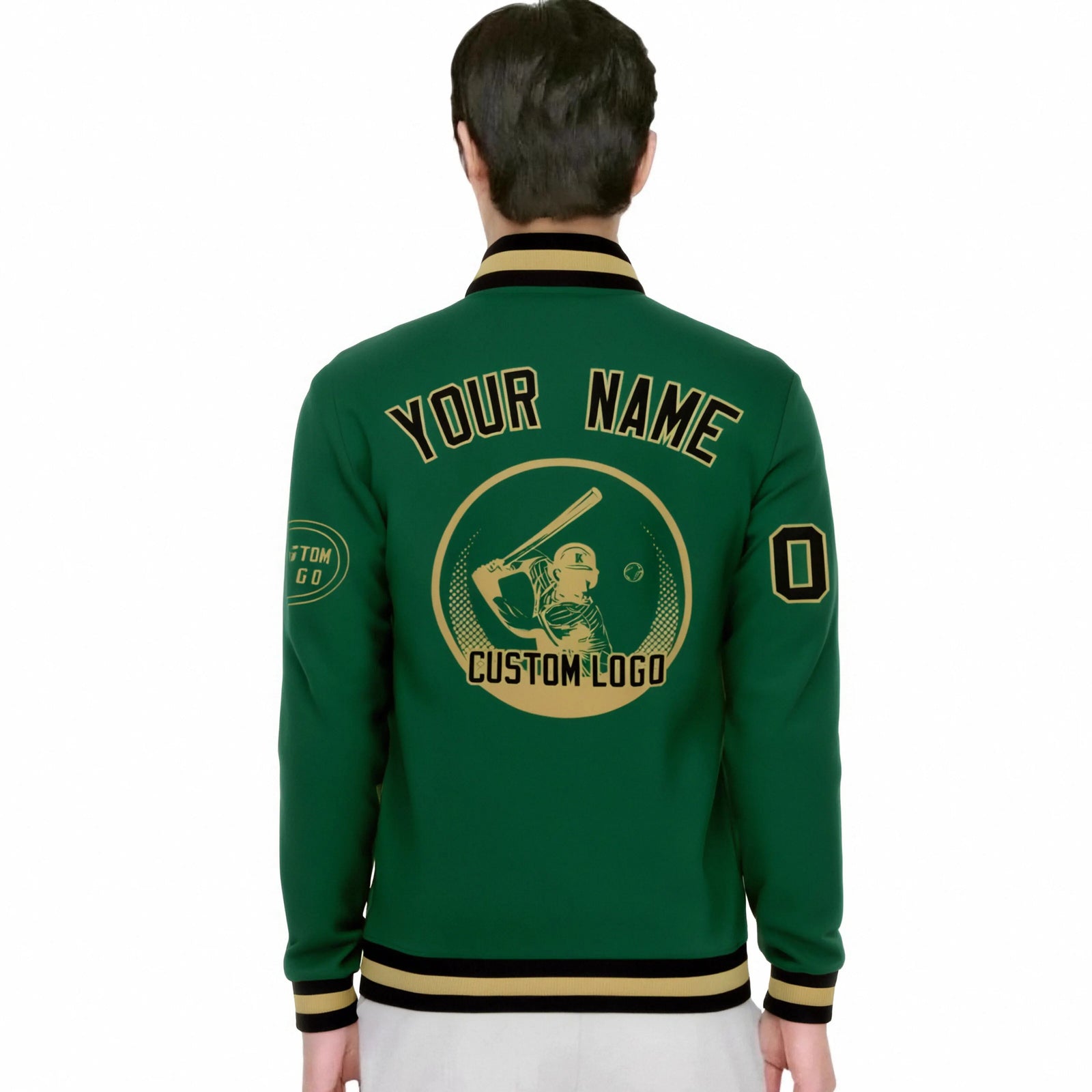 Custom Green Black-White Bomber Full-Snap Varsity Letterman Jacket