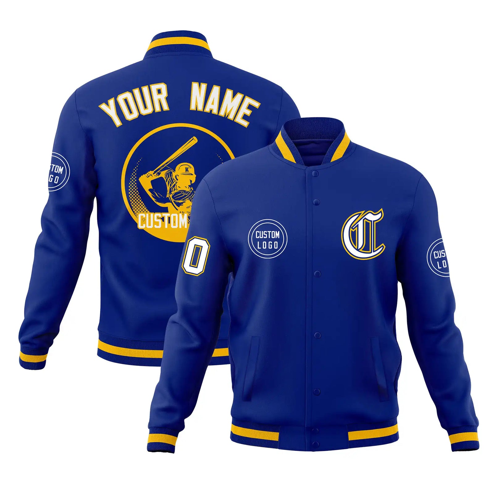 Custom Royal Blue Royal Blue-Yellow Bomber Full-Snap Varsity Letterman Jacket