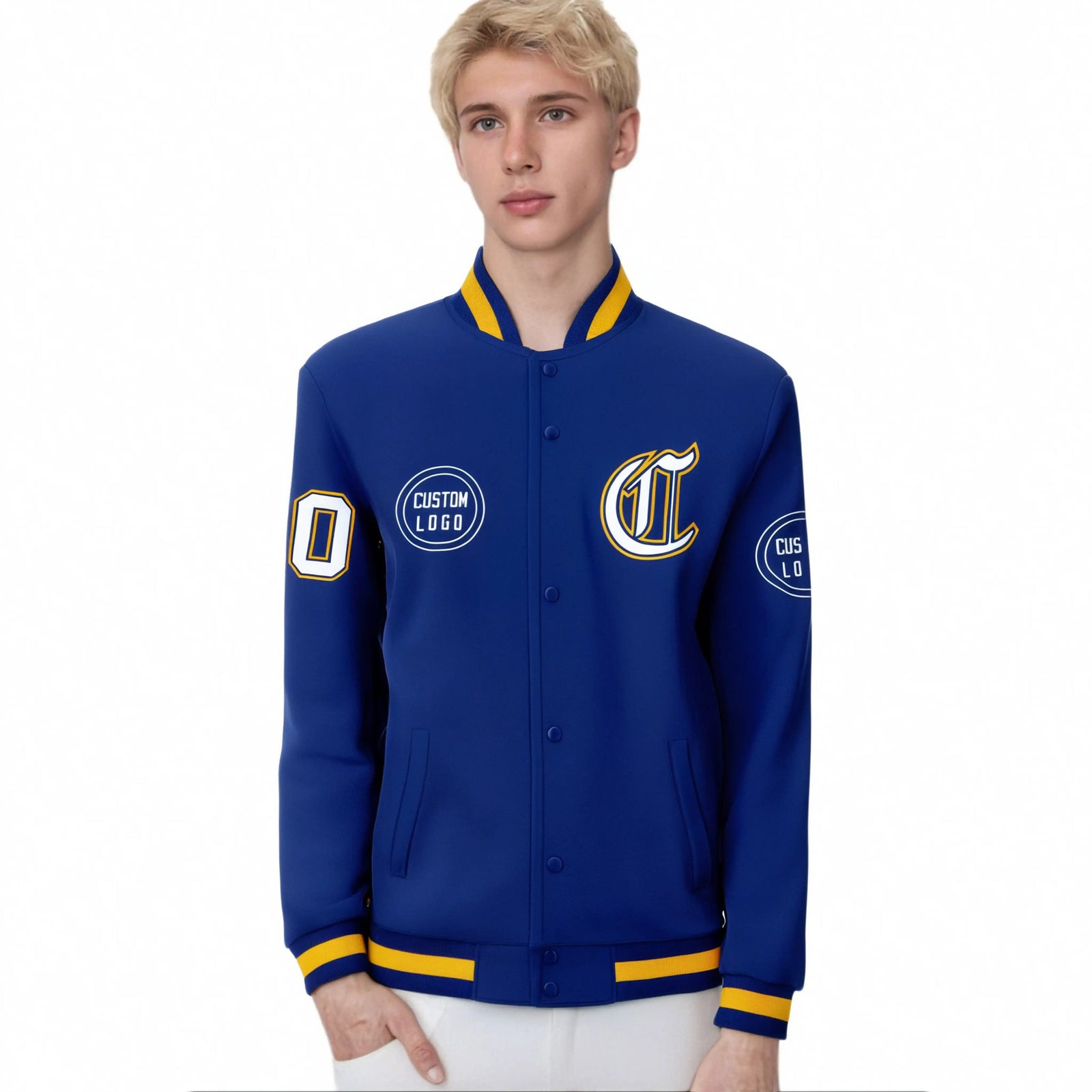 Custom Royal Blue Royal Blue-Yellow Bomber Full-Snap Varsity Letterman Jacket