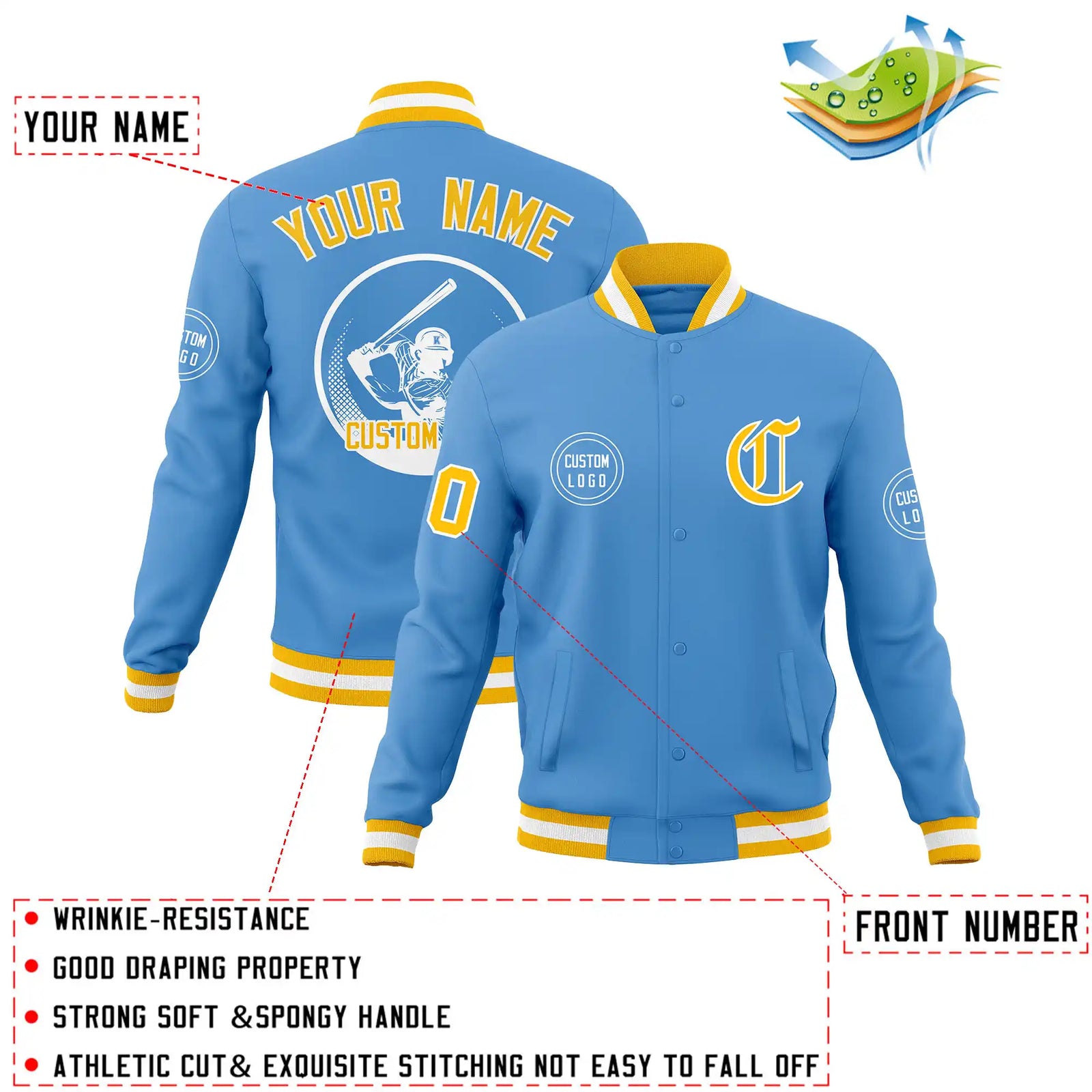 Custom Powder Blue Gold-1 White Bomber Full-Snap Varsity Letterman Jacket