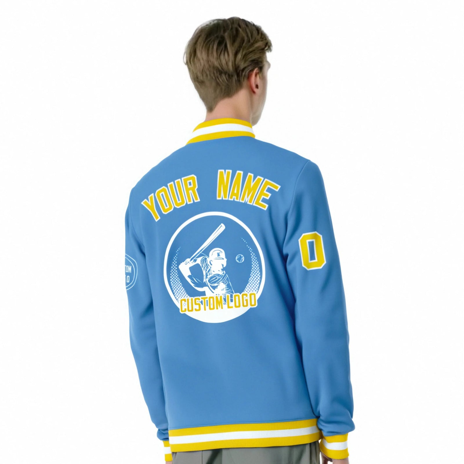 Custom Powder Blue Gold-1 White Bomber Full-Snap Varsity Letterman Jacket