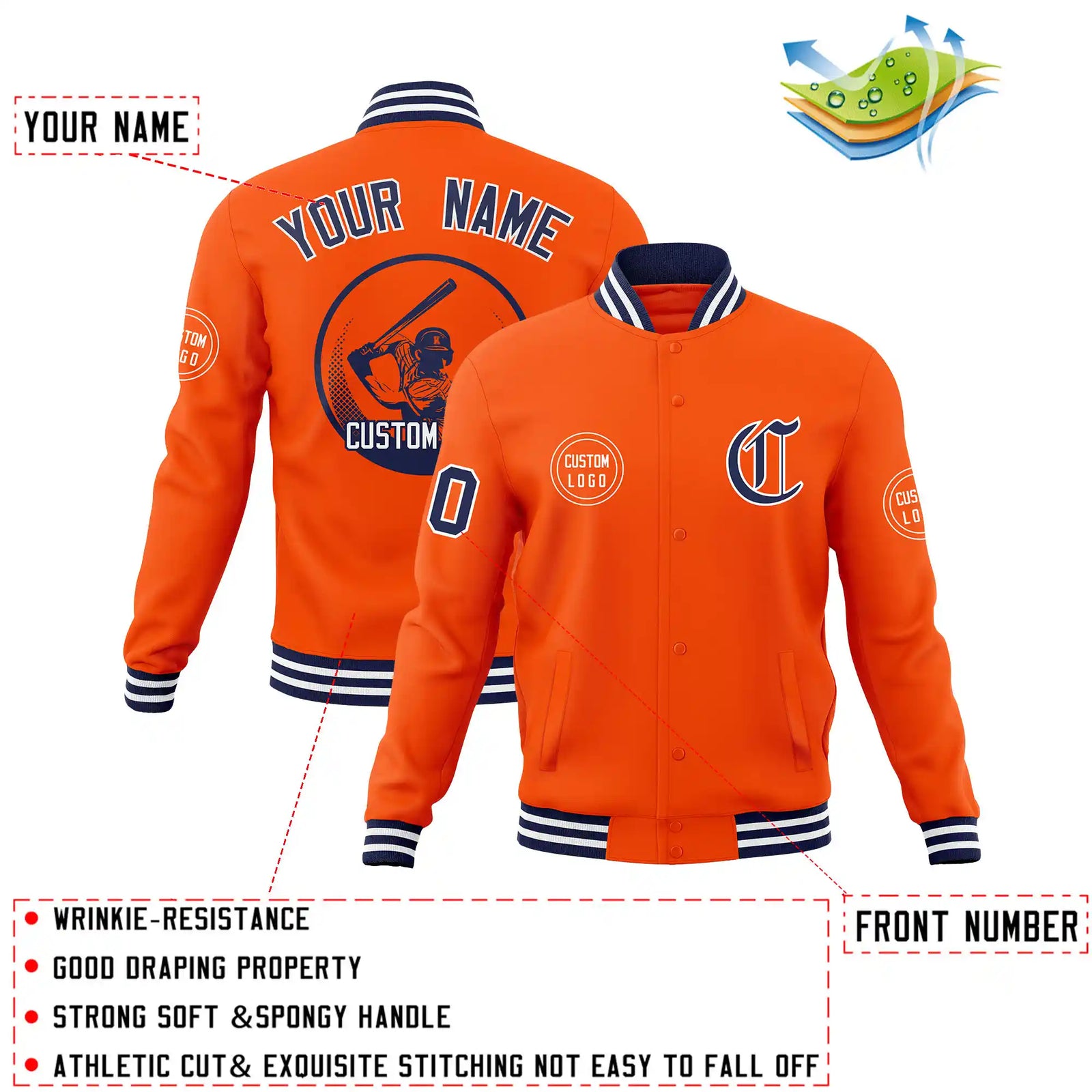 Custom Orange Navy-White Bomber Full-Snap Varsity Letterman Jacket