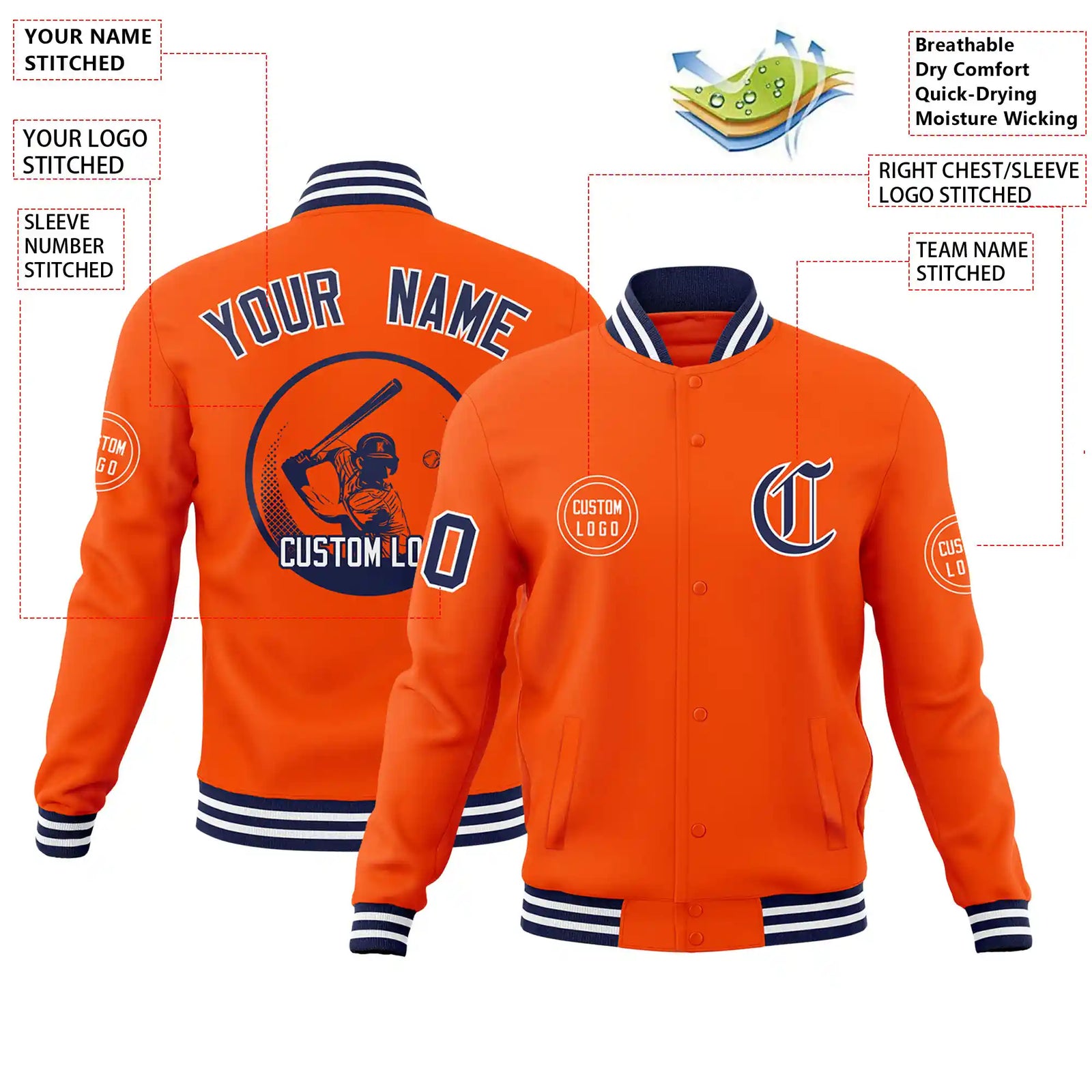 Custom Orange Navy-White Bomber Full-Snap Varsity Letterman Jacket