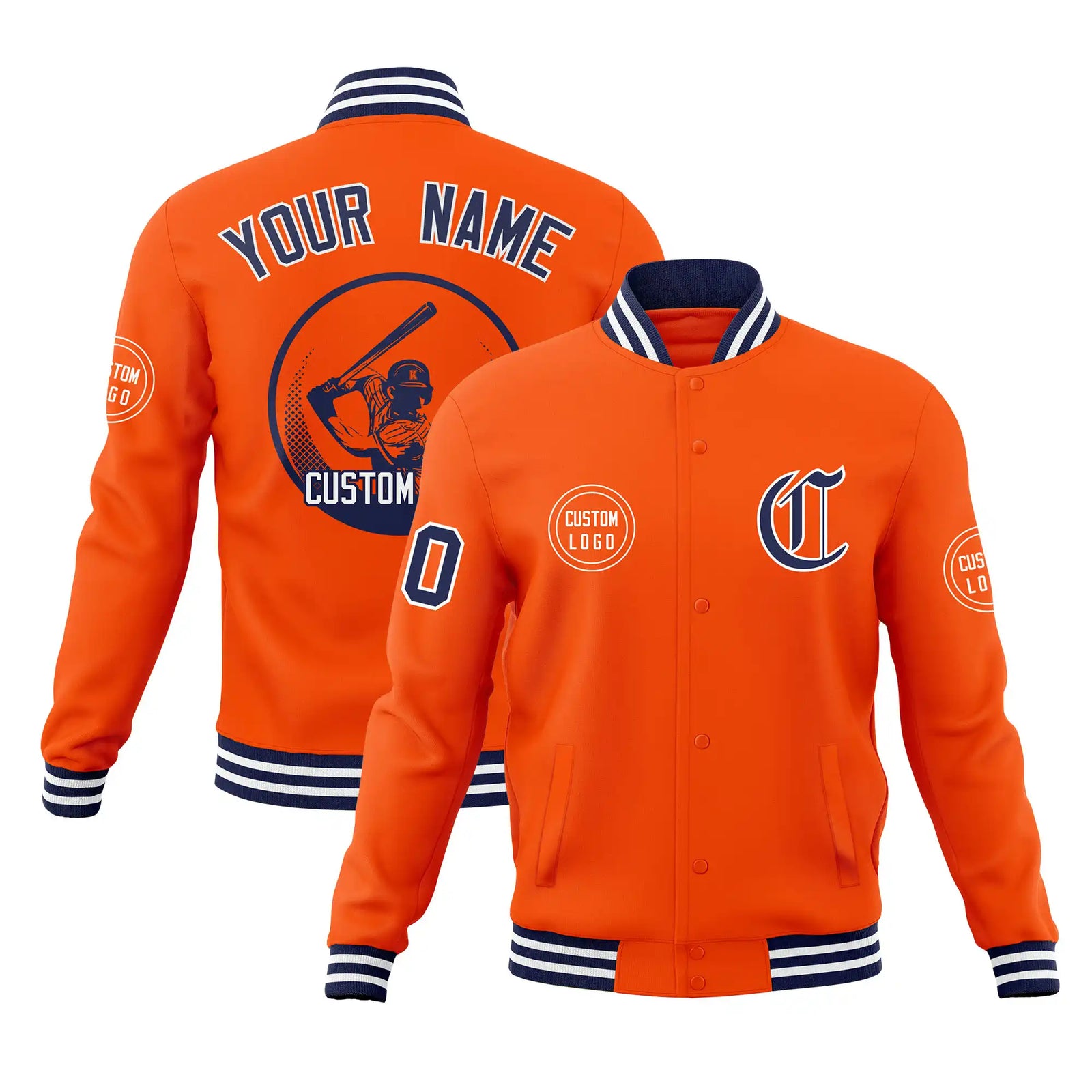 Custom Orange Navy-White Bomber Full-Snap Varsity Letterman Jacket