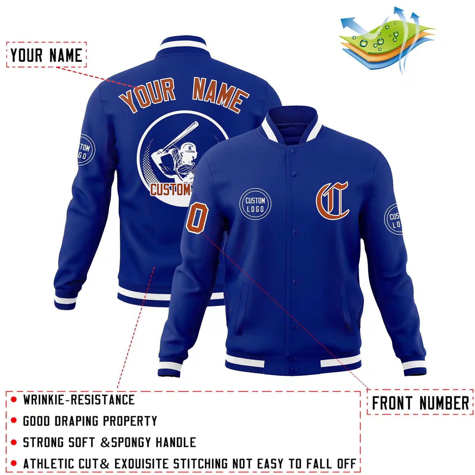 Custom Royal Blue Royal Blue-White Bomber Full-Snap Varsity Letterman Jacket
