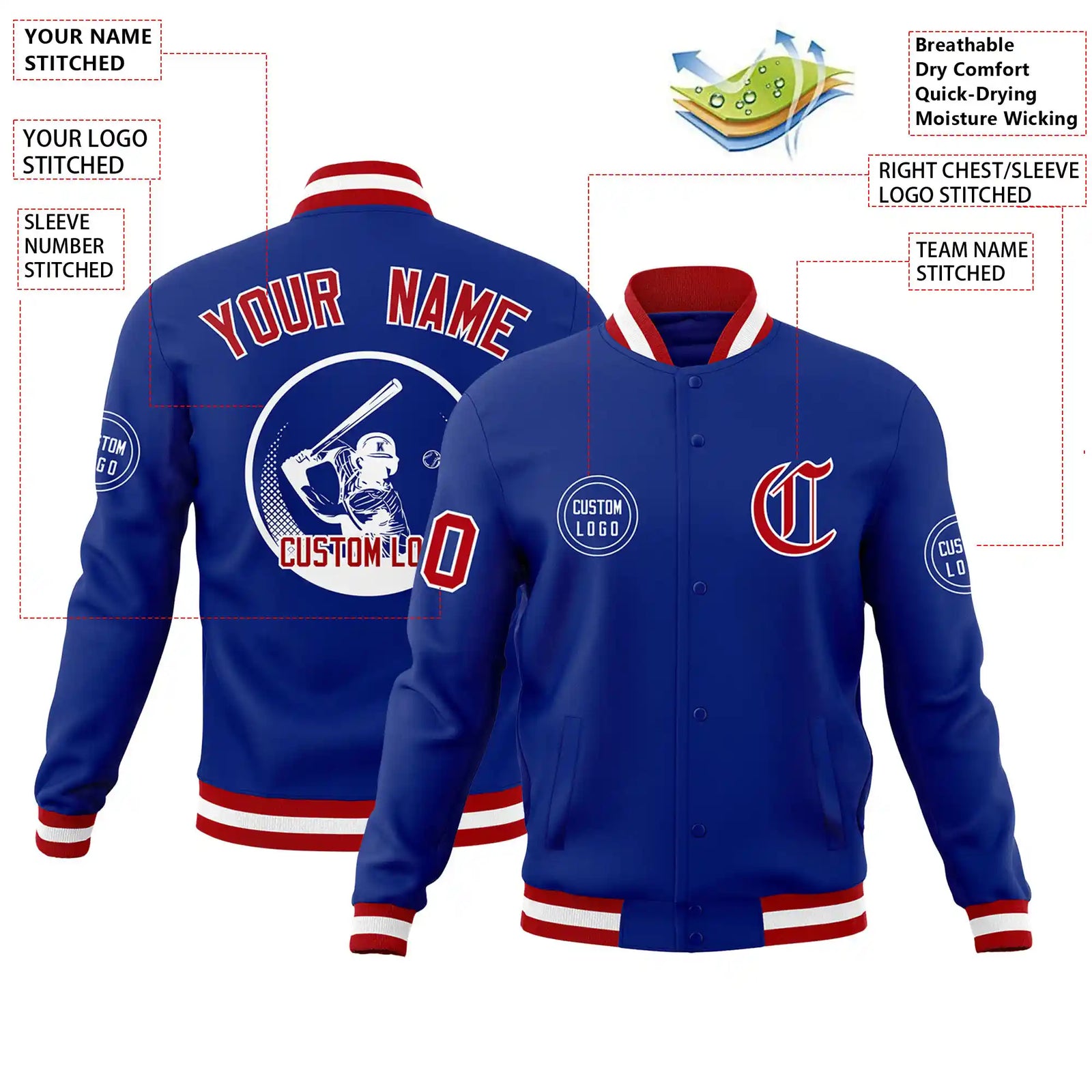Custom Royal Blue Red-White Bomber Full-Snap Varsity Letterman Jacket