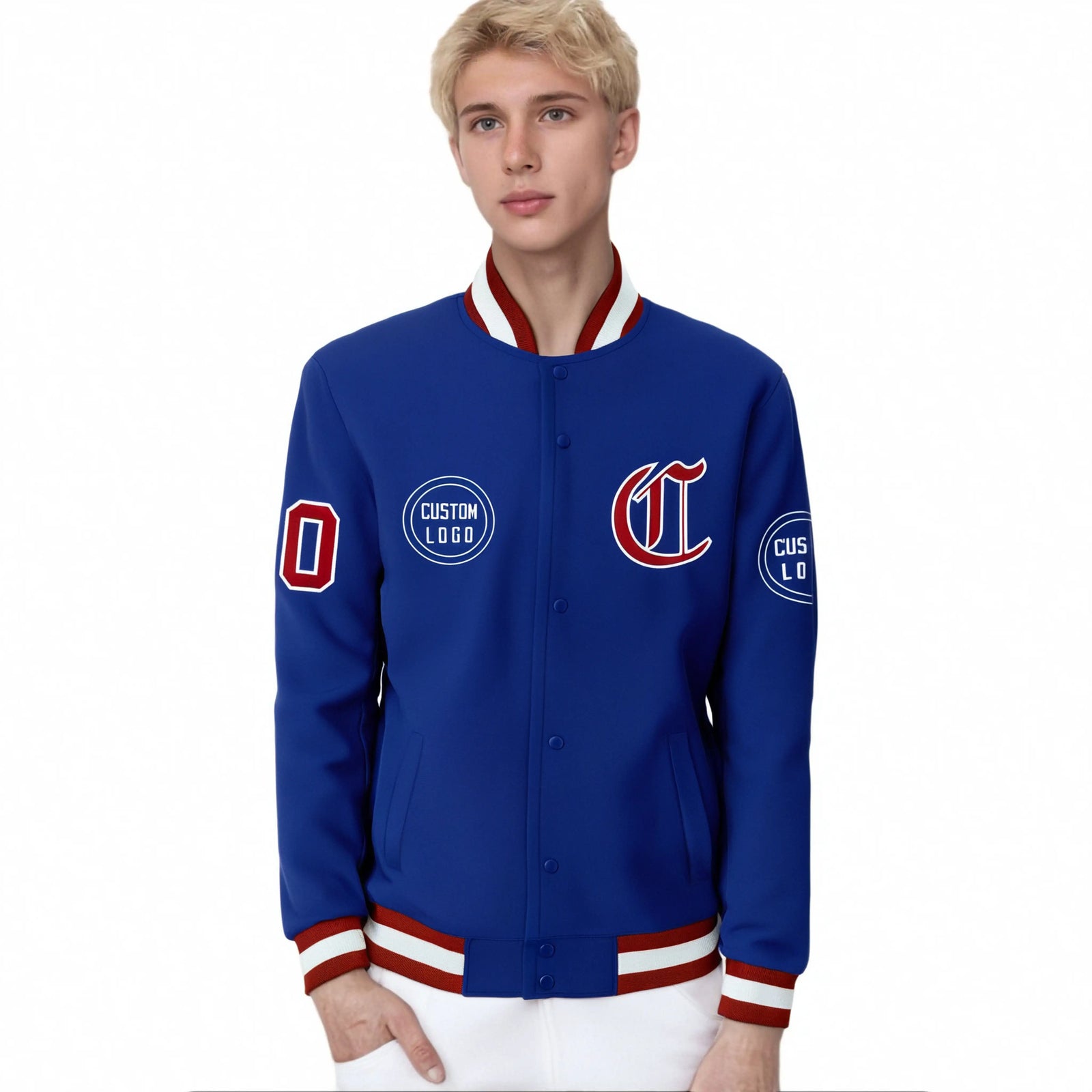 Custom Royal Blue Red-White Bomber Full-Snap Varsity Letterman Jacket