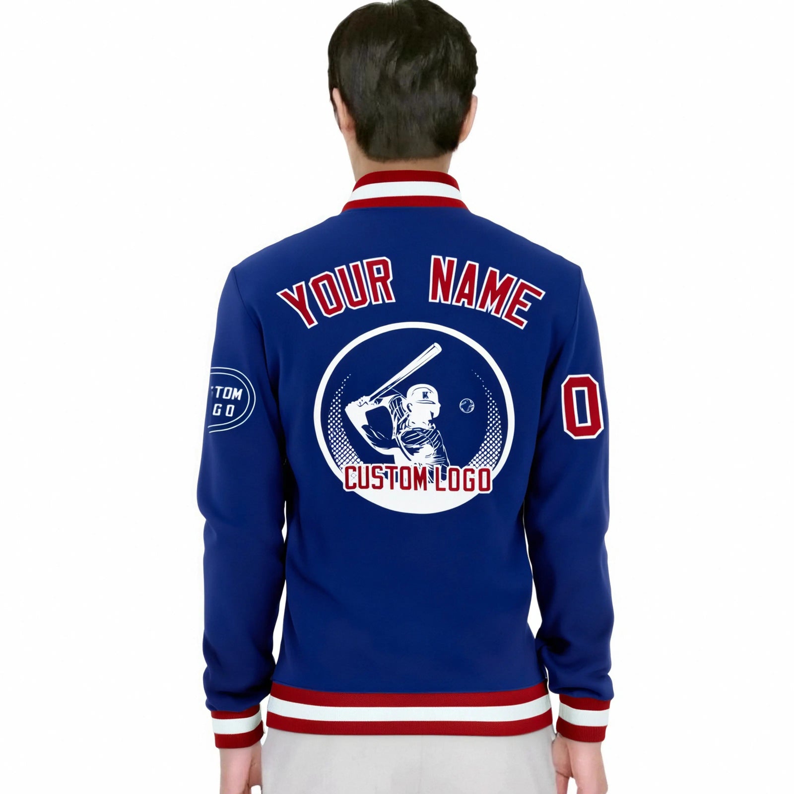 Custom Royal Blue Red-White Bomber Full-Snap Varsity Letterman Jacket