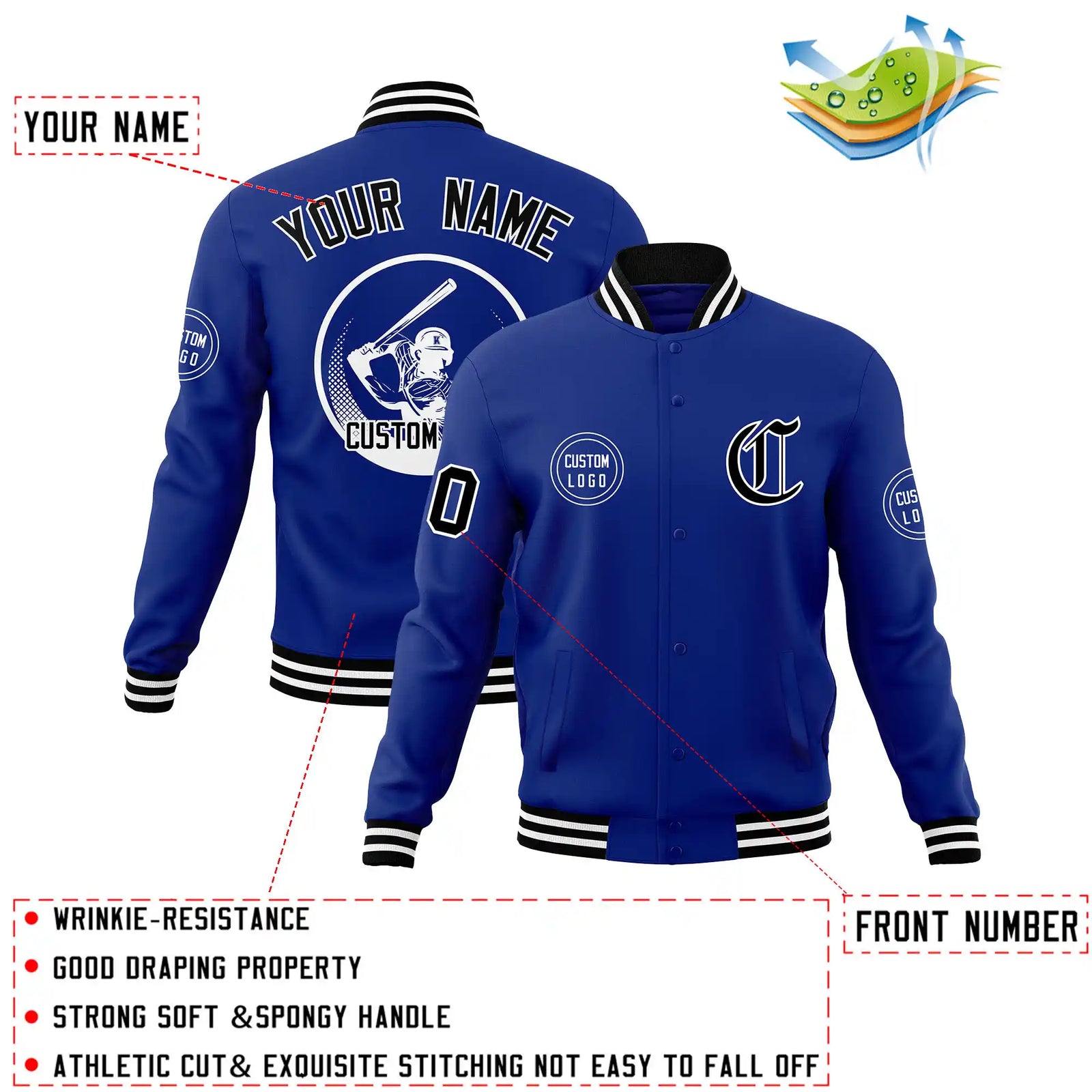 Custom Royal Blue Black-White Bomber Full-Snap Varsity Letterman Jacket