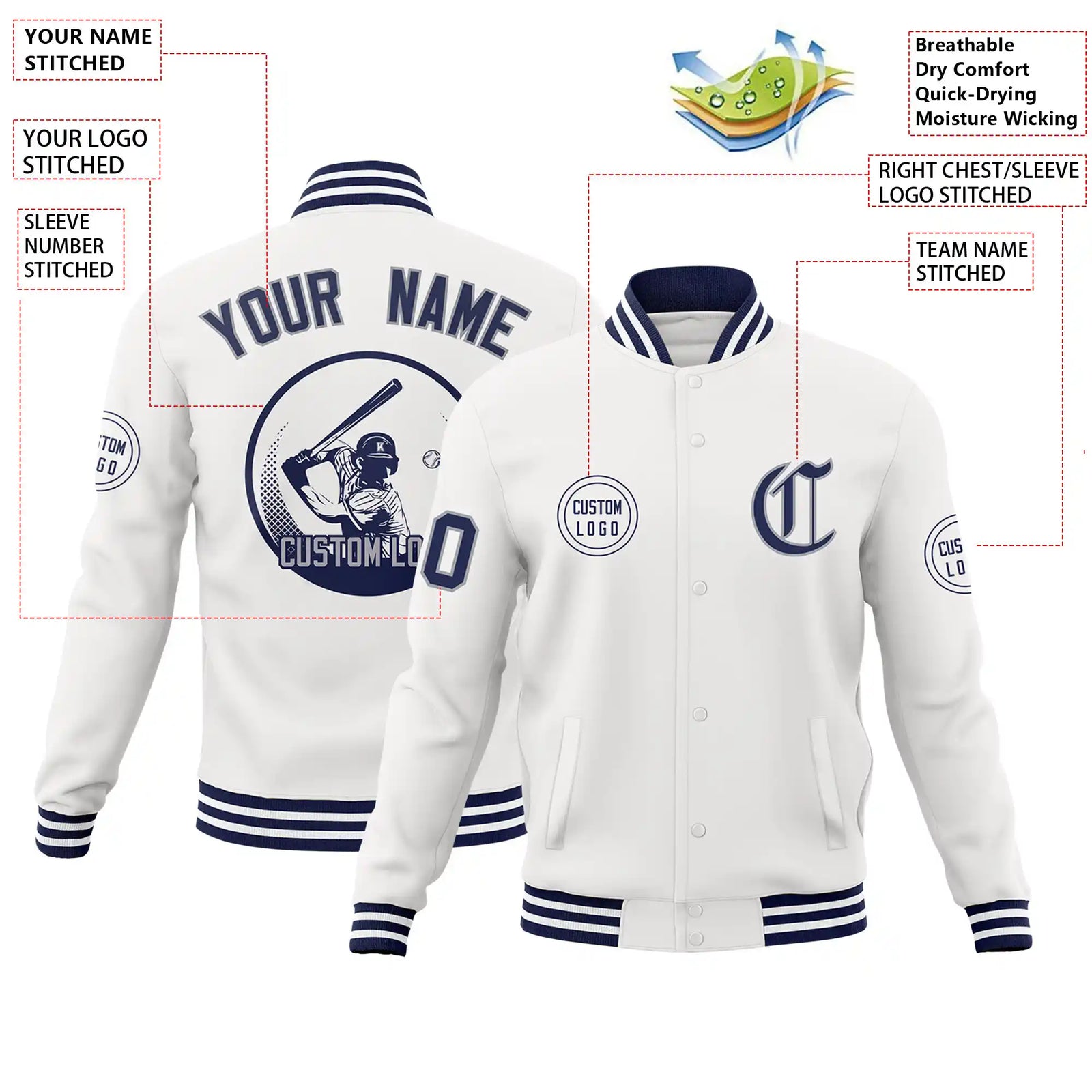 Custom White Navy-White Bomber Full-Snap Varsity Letterman Jacket