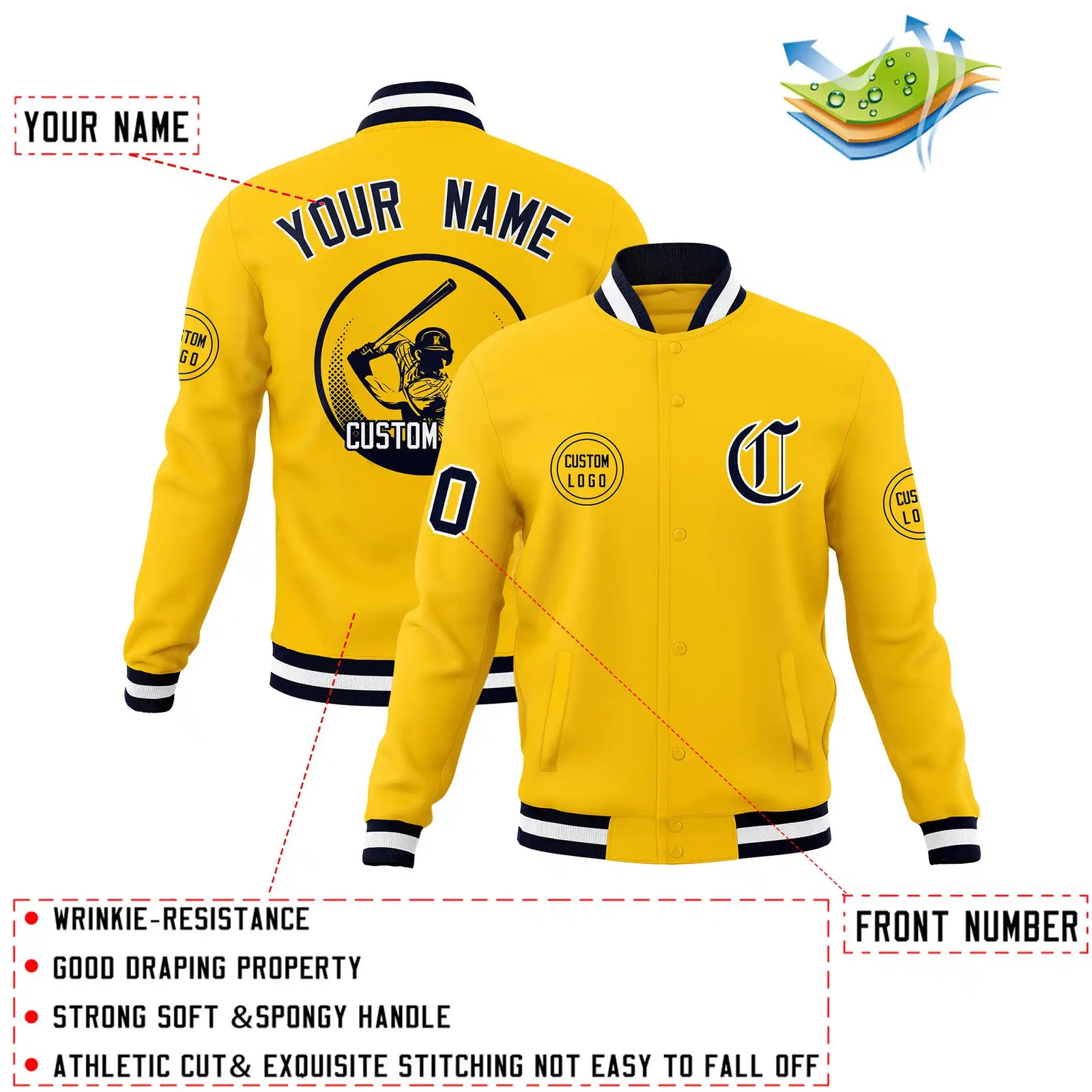 Custom Gold-1 Navy-White Bomber Full-Snap Varsity Letterman Jacket