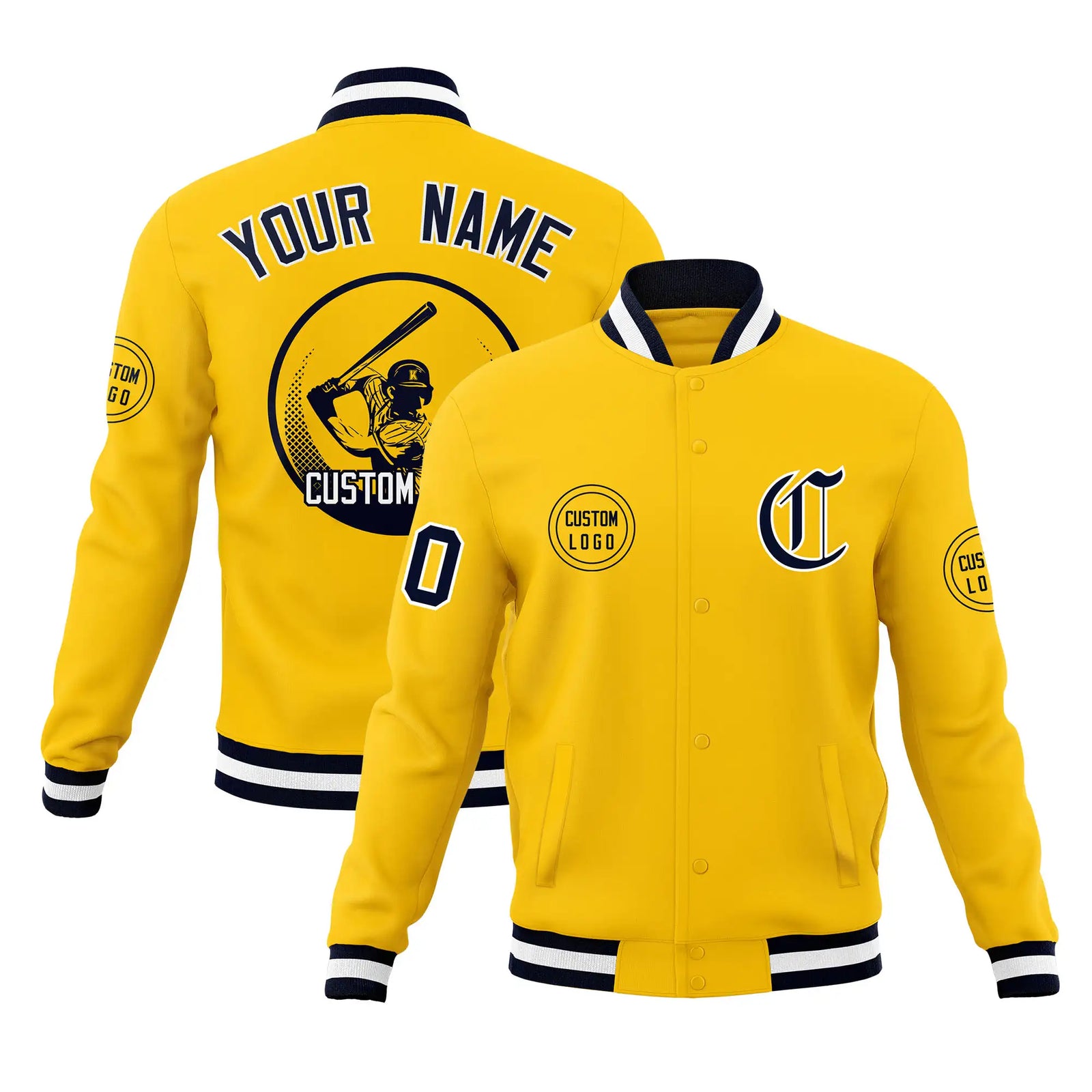 Custom Gold-1 Navy-White Bomber Full-Snap Varsity Letterman Jacket