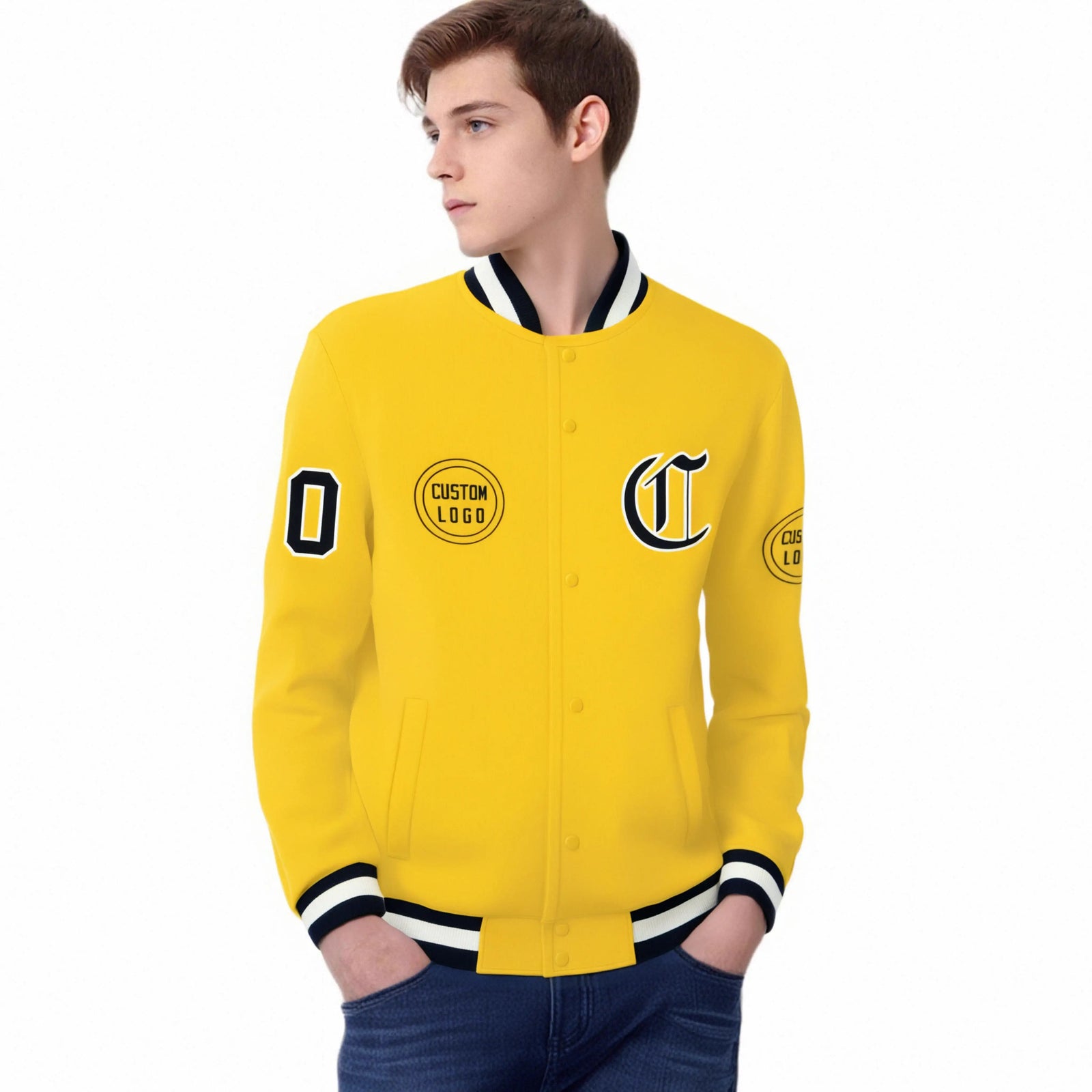 Custom Gold-1 Navy-White Bomber Full-Snap Varsity Letterman Jacket
