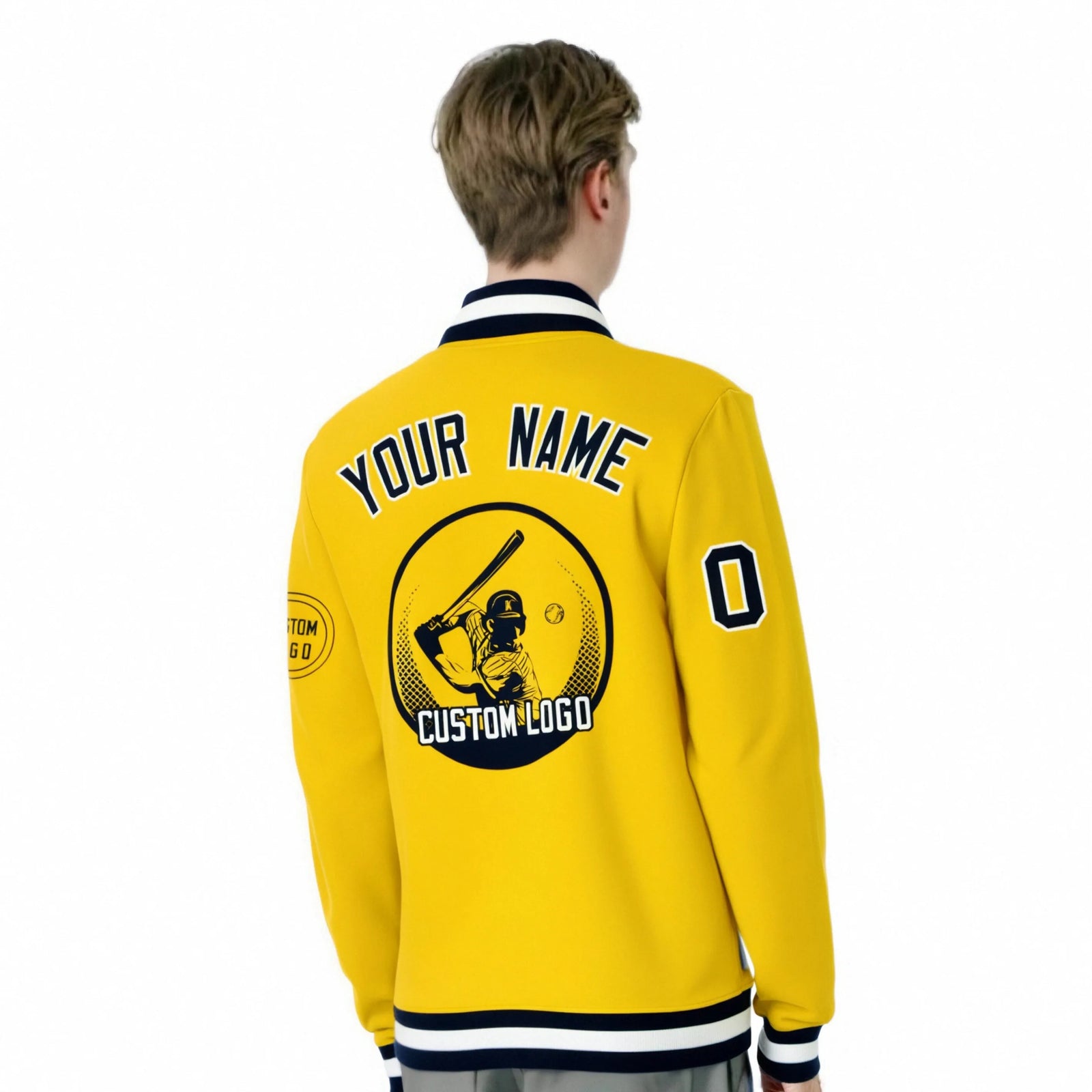Custom Gold-1 Navy-White Bomber Full-Snap Varsity Letterman Jacket