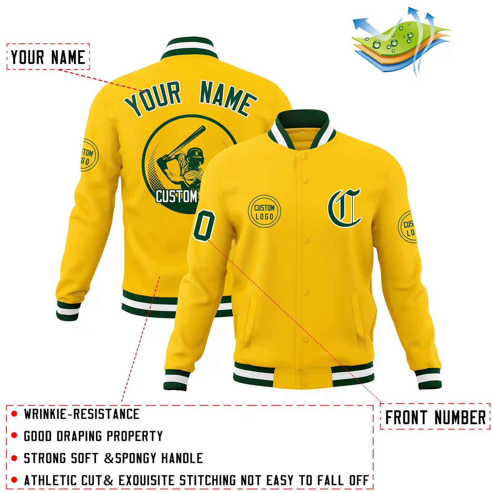 Custom Gold-1 Green-White Bomber Full-Snap Varsity Letterman Jacket