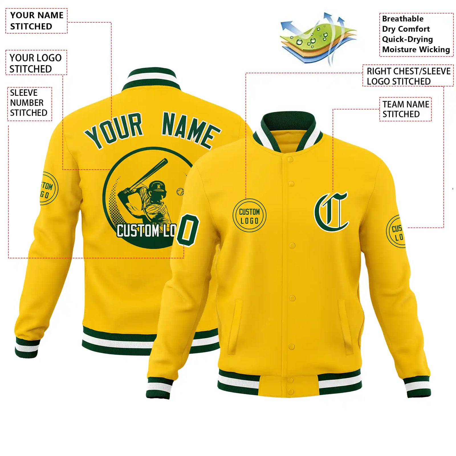 Custom Gold-1 Green-White Bomber Full-Snap Varsity Letterman Jacket
