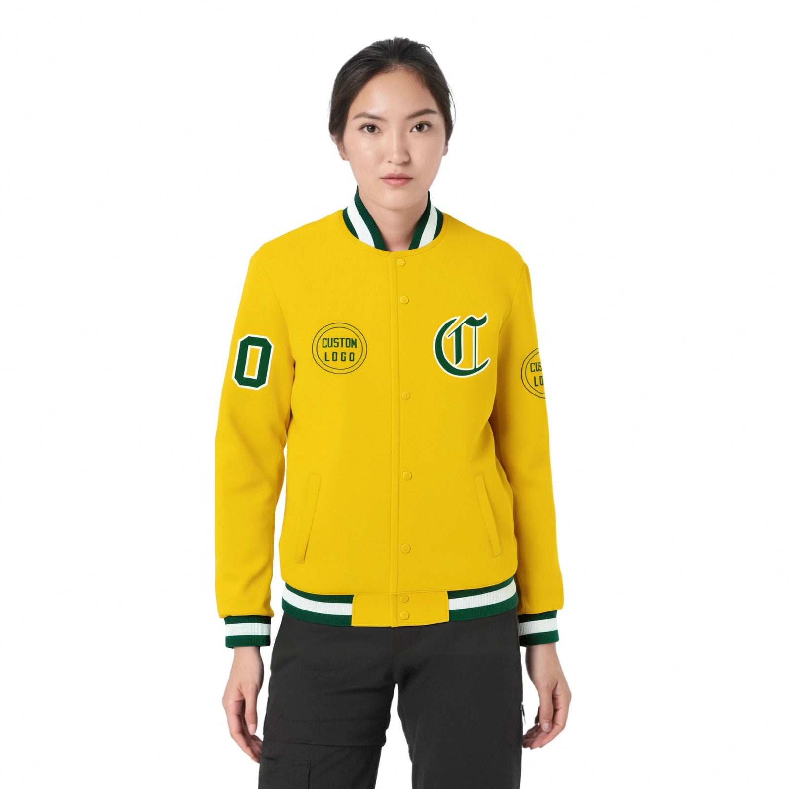 Custom Gold-1 Green-White Bomber Full-Snap Varsity Letterman Jacket