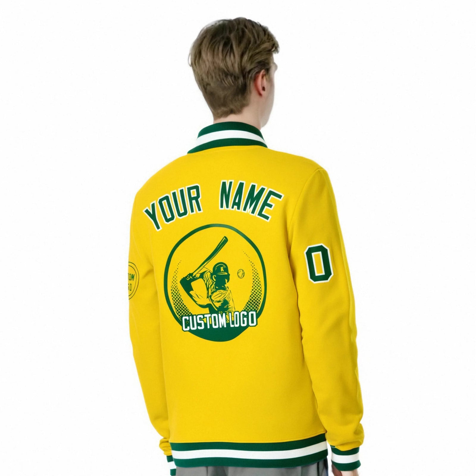 Custom Gold-1 Green-White Bomber Full-Snap Varsity Letterman Jacket