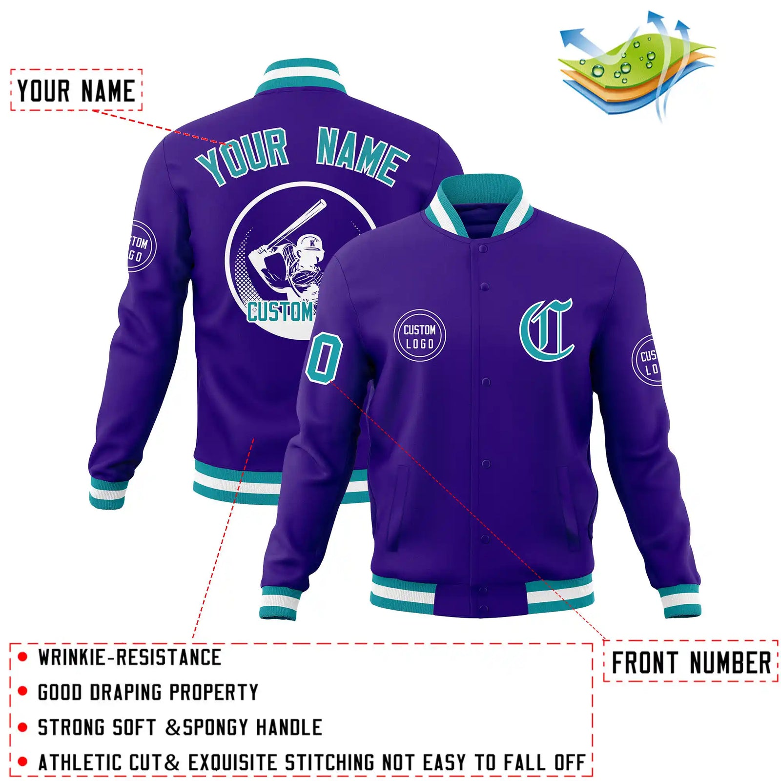 Custom Purple Aqua-White Bomber Full-Snap Varsity Letterman Jacket