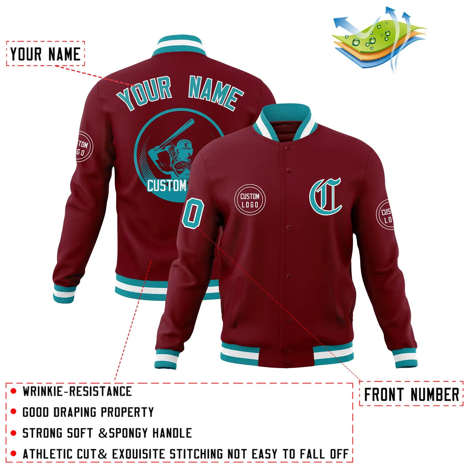 Custom Crimson Aqua-White Bomber Full-Snap Varsity Letterman Jacket