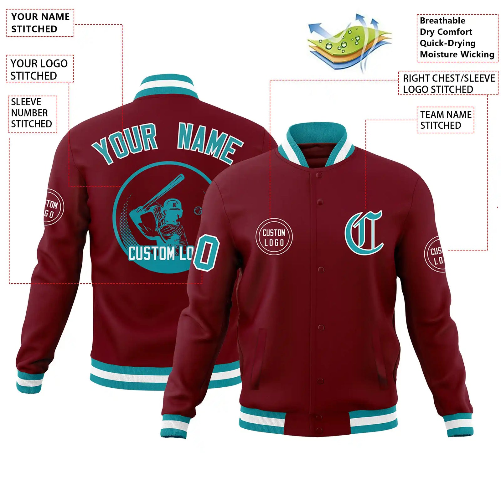 Custom Crimson Aqua-White Bomber Full-Snap Varsity Letterman Jacket