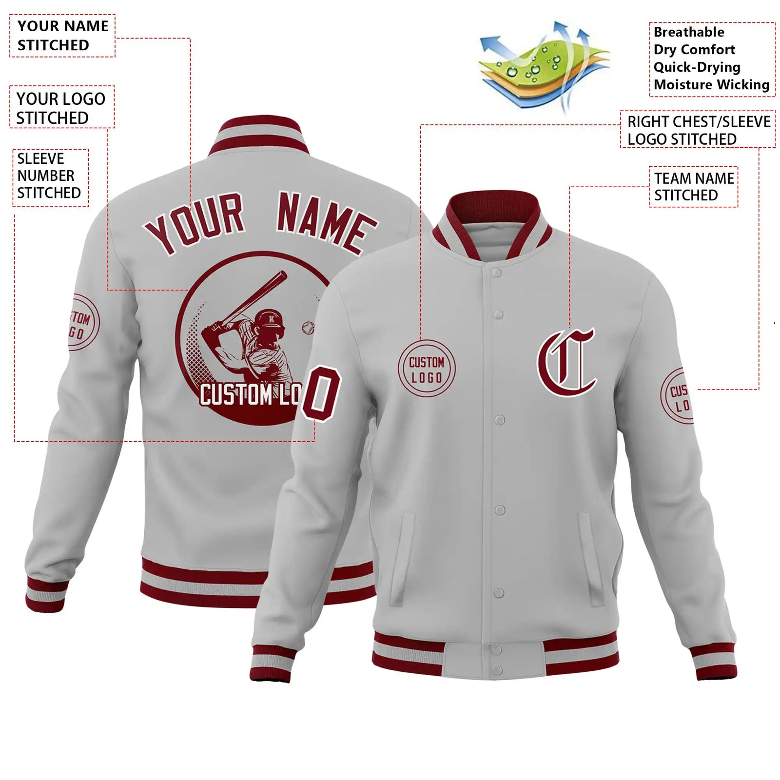 Custom Gray Crimson-Gray Bomber Full-Snap Varsity Letterman Jacket